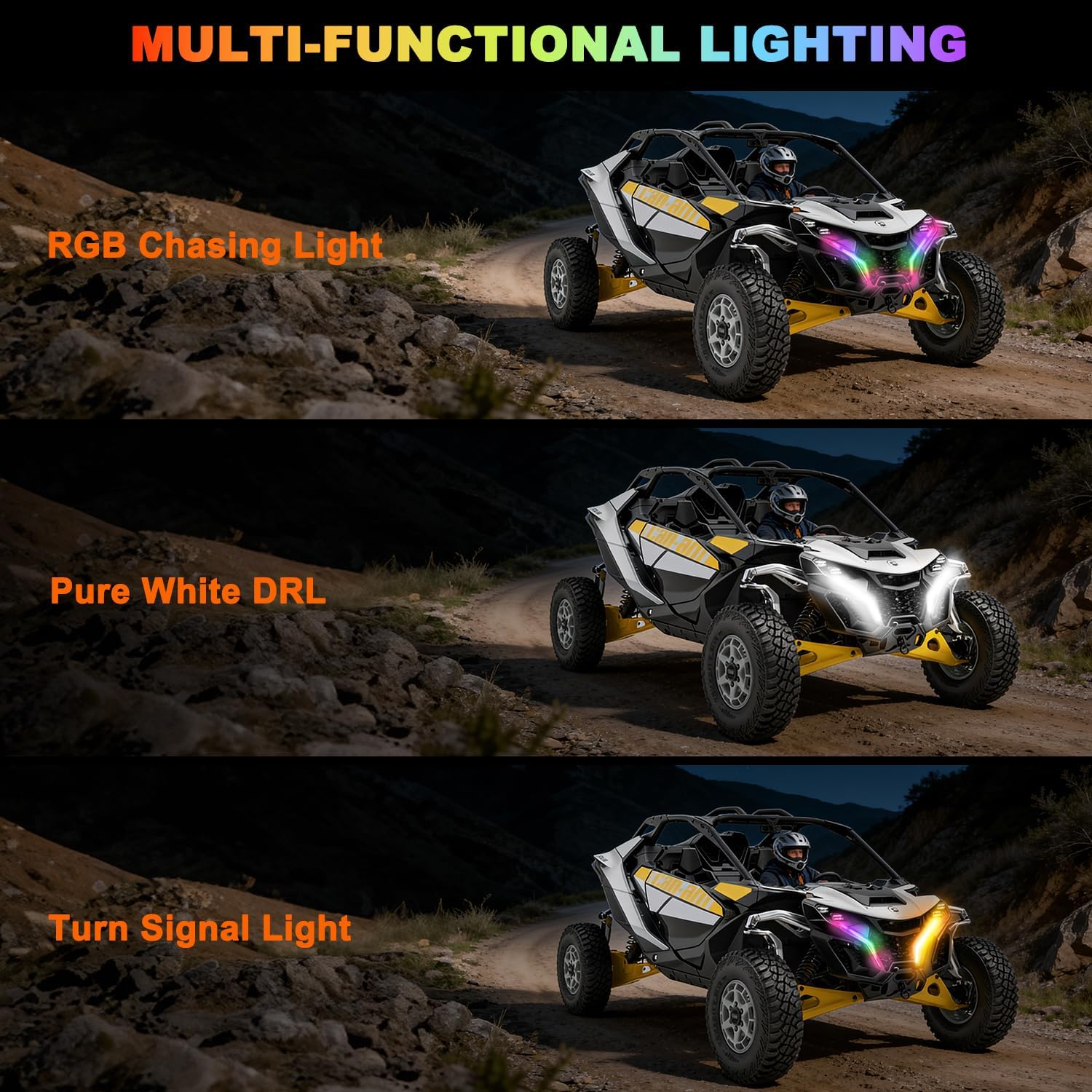 Tavaray RGBW LED Fang Lights for Can-Am Maverick R 2024–2026 DRL White & RGB Color Chasing APP Music Sync Kit