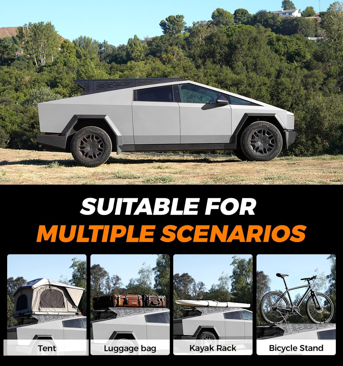 Xprite Extended Half-Frame Roof Rack for Tesla Cybertruck 2023–2026 with Crossbars & MOLLE Panels