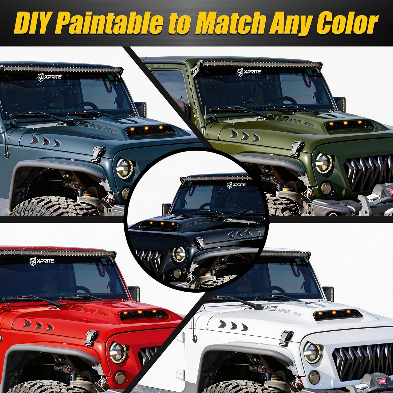 Xprite Piranha Series Vent Hood for Jeep Wrangler JK JKU with 3 LED DRLs