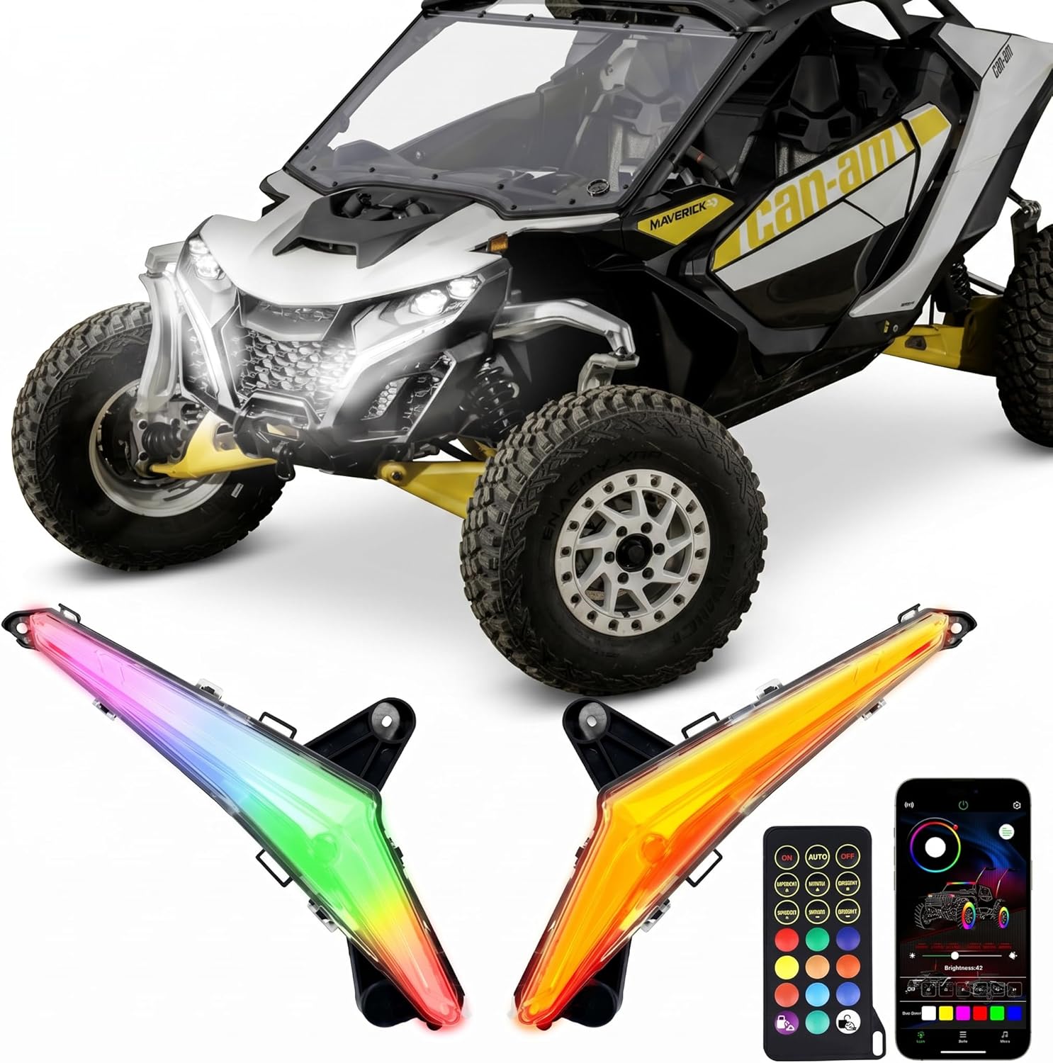 Tavaray RGBW LED Fang Lights for Can-Am Maverick R 2024–2026 DRL White & RGB Color Chasing APP Music Sync Kit