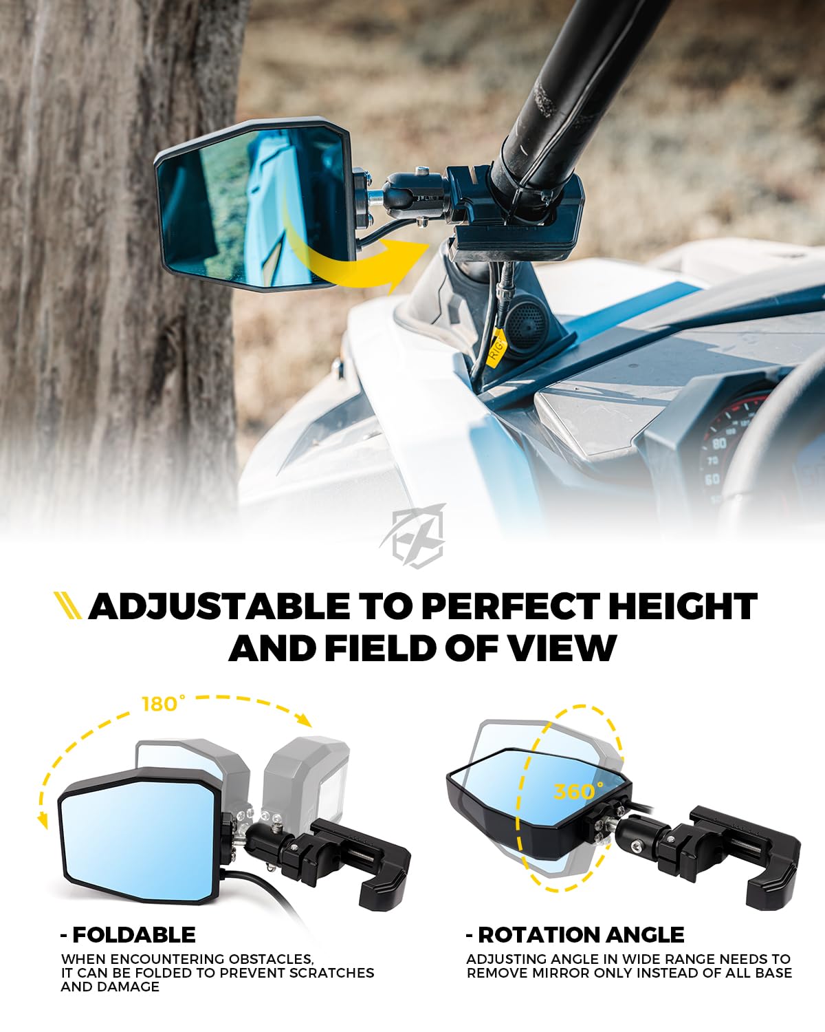 UTV Side View Mirrors with LED Spotlights & C-Clamp Brackets