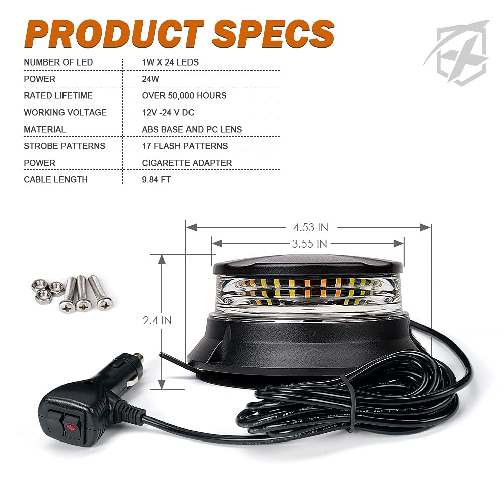 Car strobe light with specifications on a white background