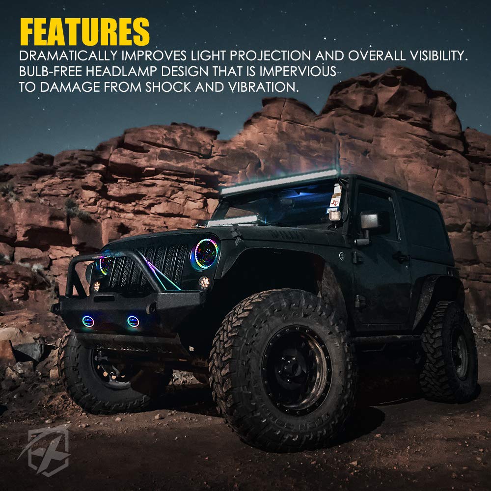 7" RGB LED Halo Headlights & RGB Fog Lights Kit for 07-18 Jeep Wrangler