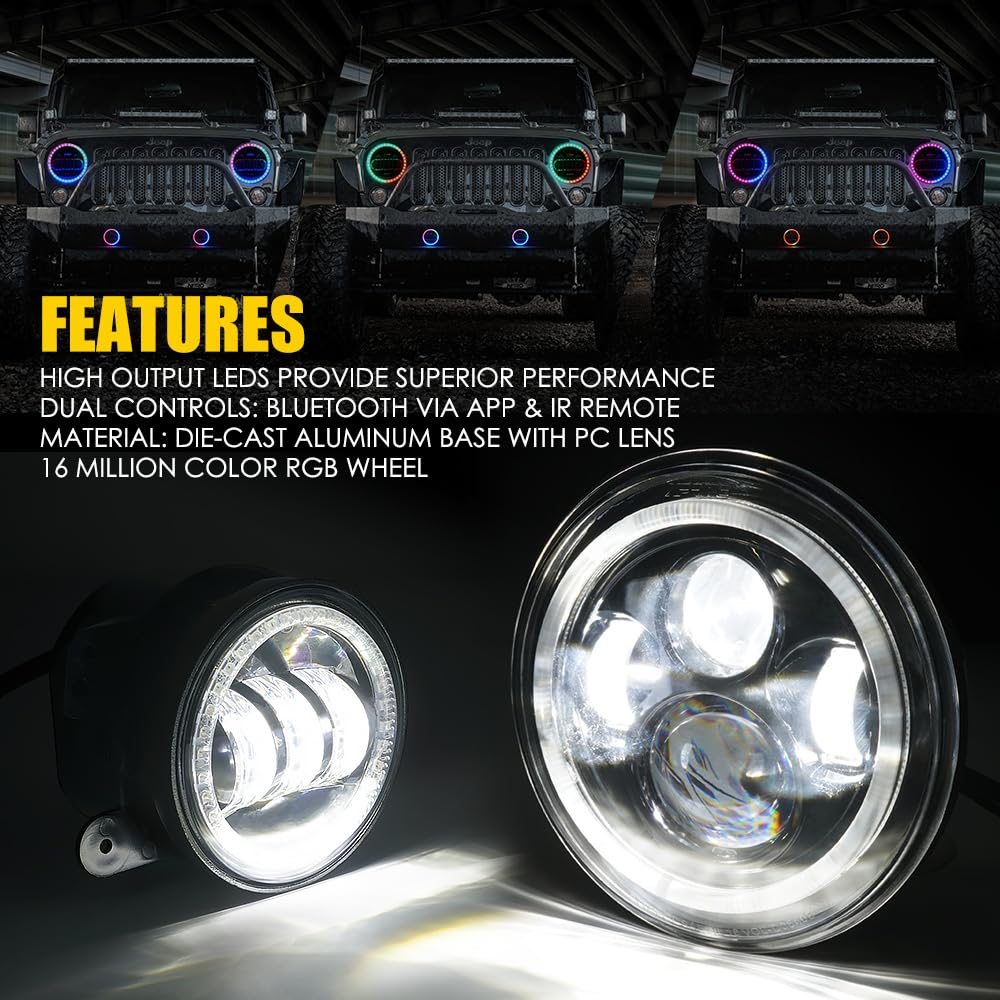7" RGB LED Halo Headlights & RGB Fog Lights Kit for 07-18 Jeep Wrangler