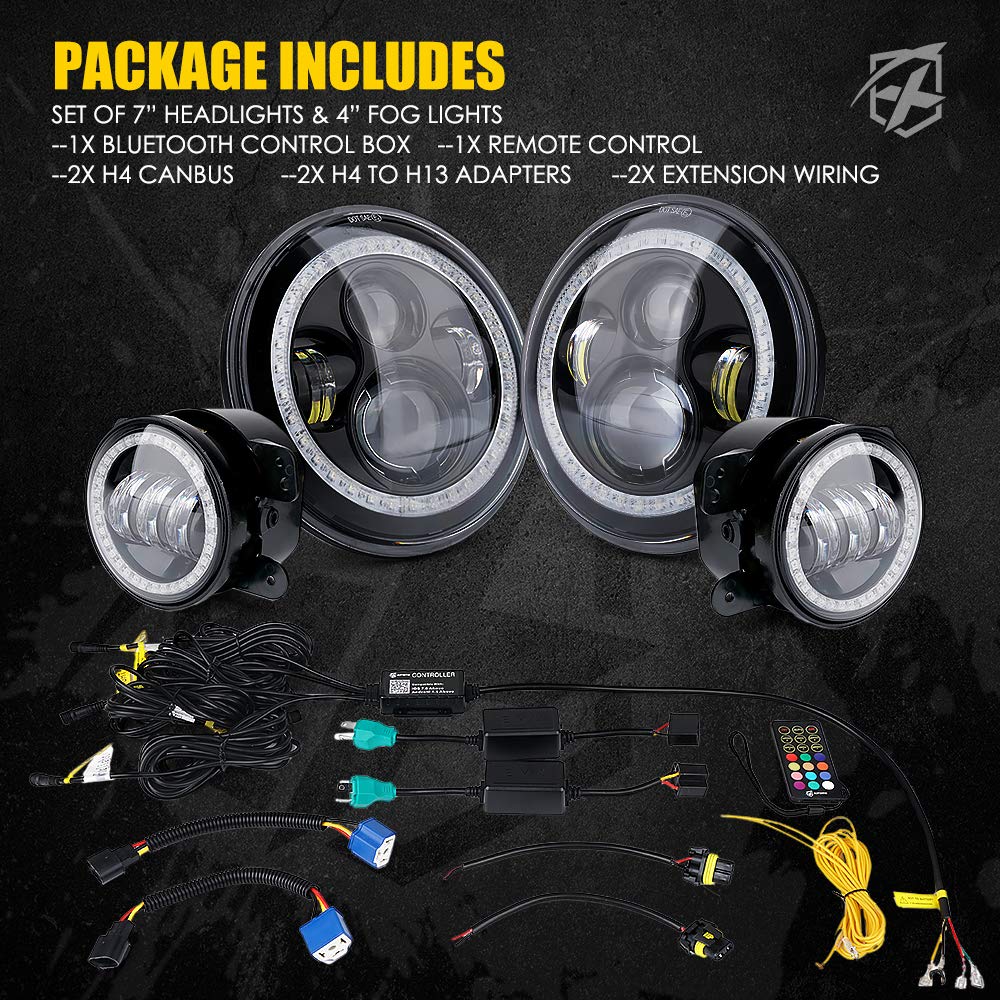 7" RGB LED Halo Headlights & RGB Fog Lights Kit for 07-18 Jeep Wrangler