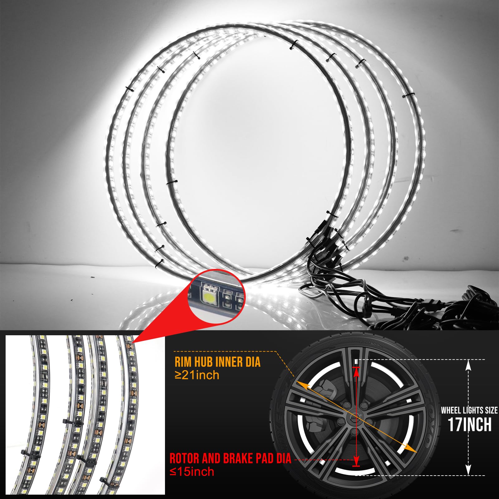 4PCS 17inch Super Bright 6500K Pure White Wheel Lights