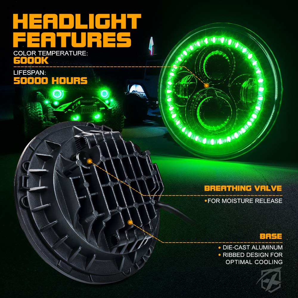 7" 90W LED Headlights & 4 Inch 60W Fog Lights Combo w/Green Halo Angel Eye
