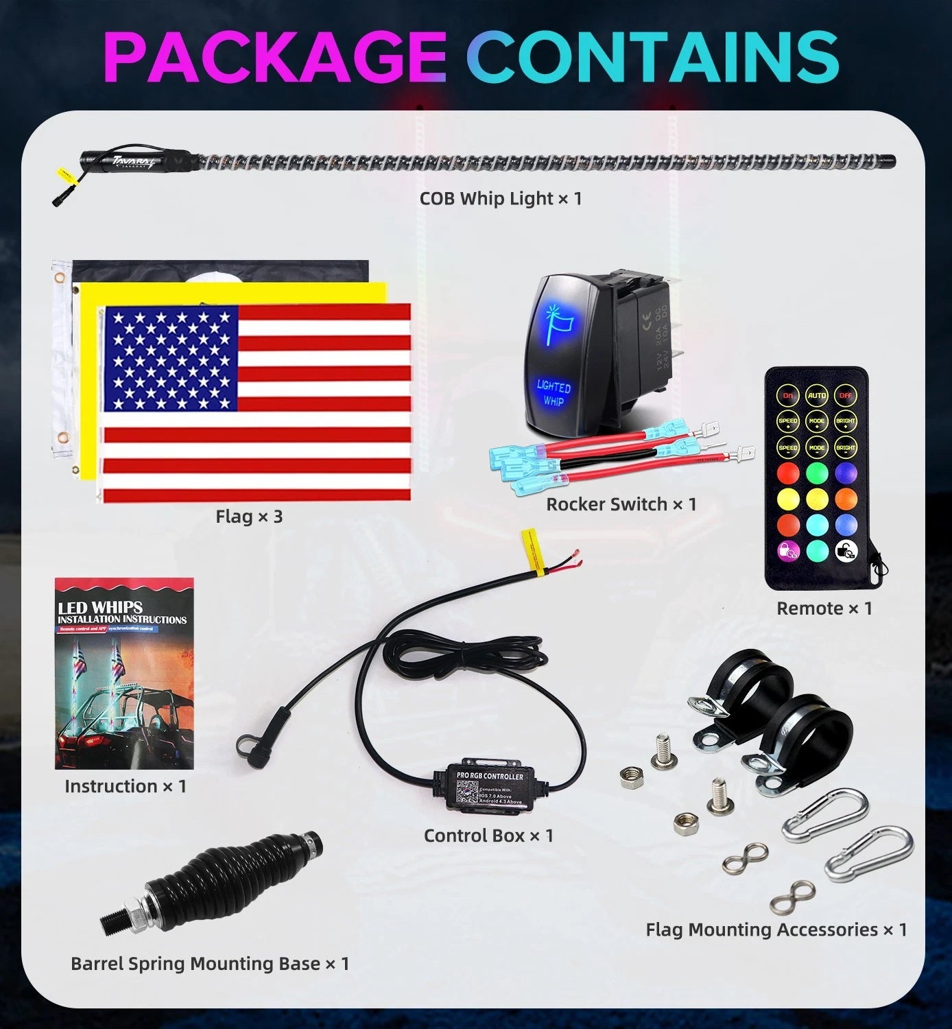 2FT-6FT RGB LED Whip Lights w/ App & Remote Control