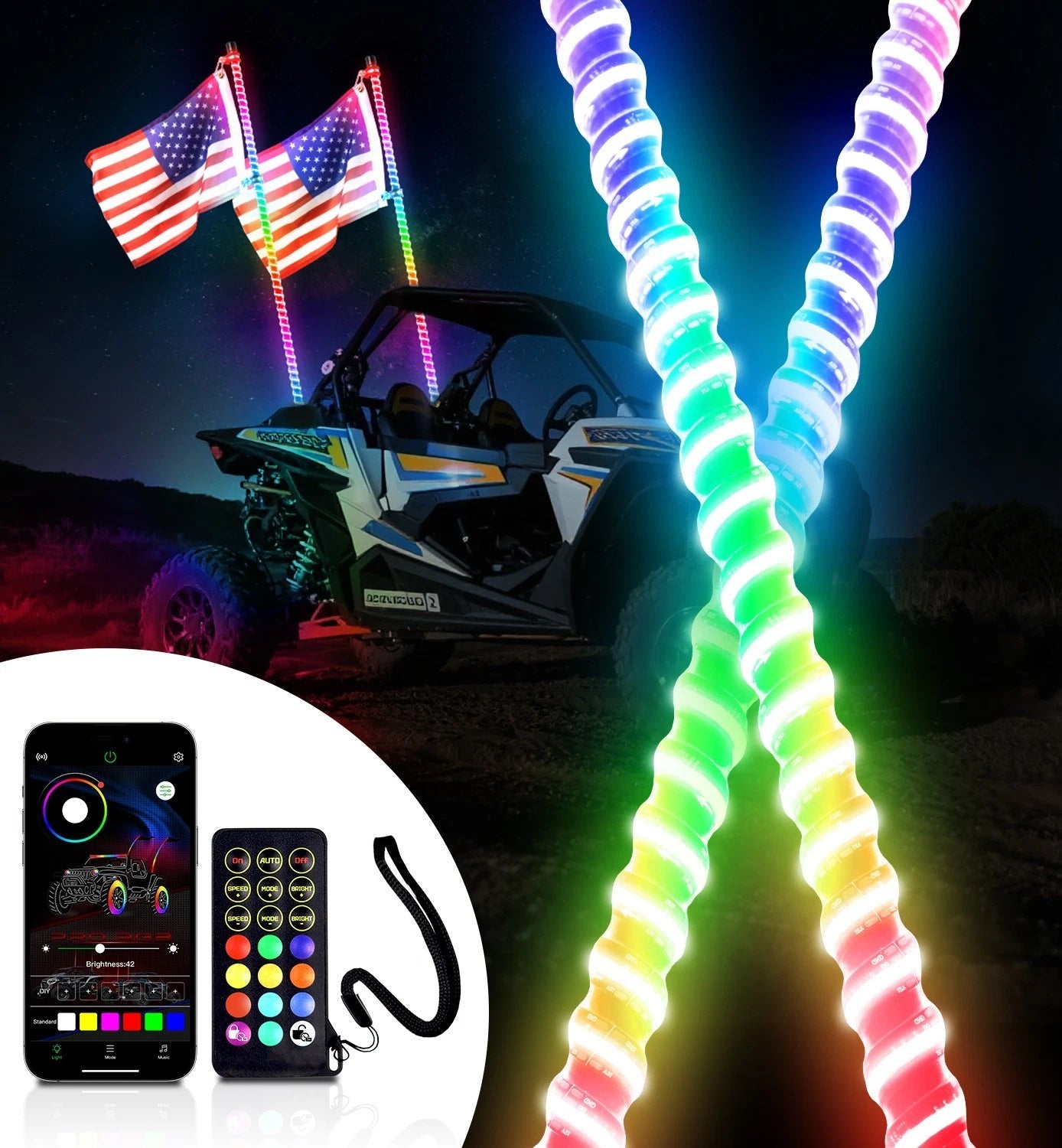 2FT-6FT RGB LED Whip Lights w/ App & Remote Control