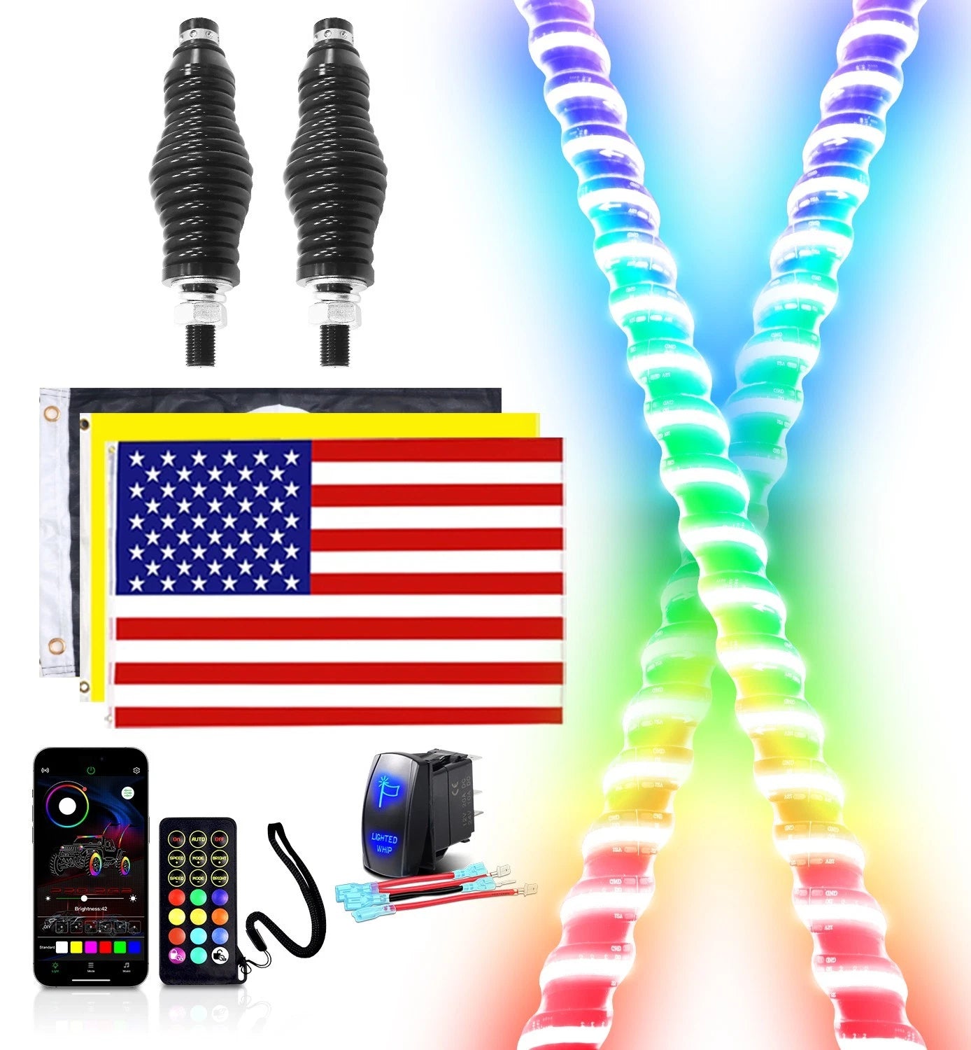 2FT-6FT RGB LED Whip Lights w/ App & Remote Control