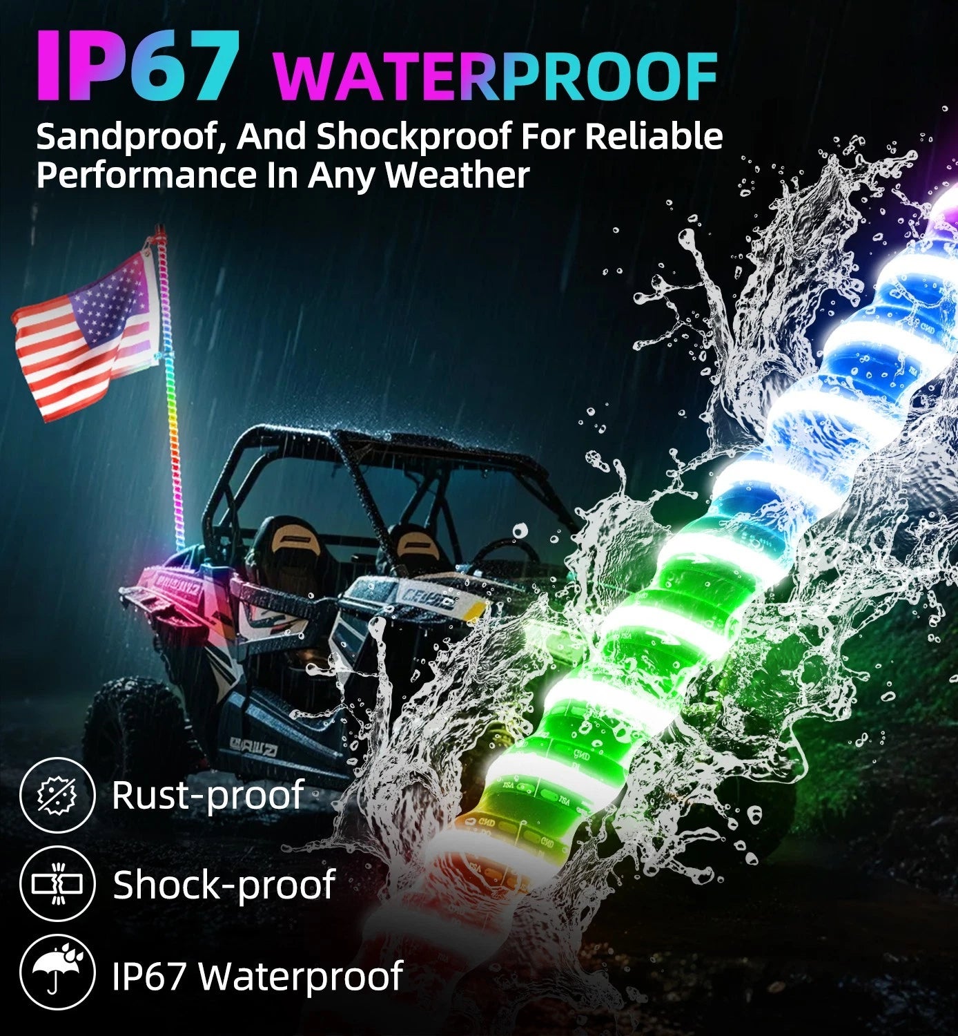 2FT-6FT RGB LED Whip Lights w/ App & Remote Control