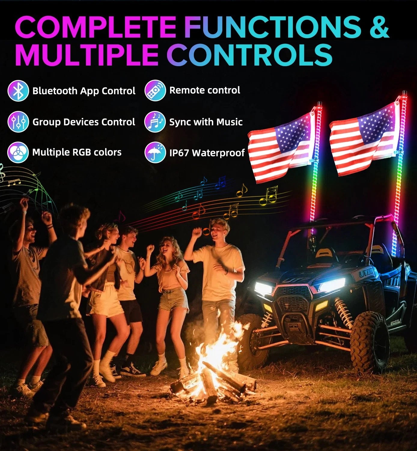 2FT-6FT RGB LED Whip Lights w/ App & Remote Control