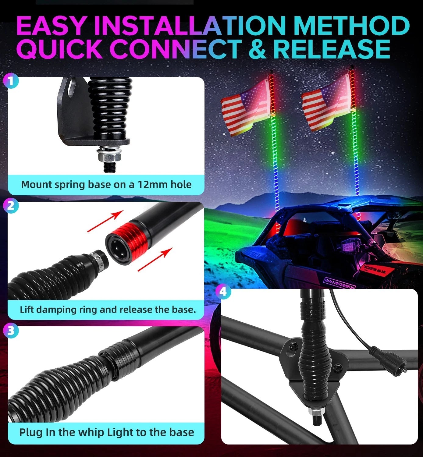 2FT-6FT RGB LED Whip Lights w/ App & Remote Control