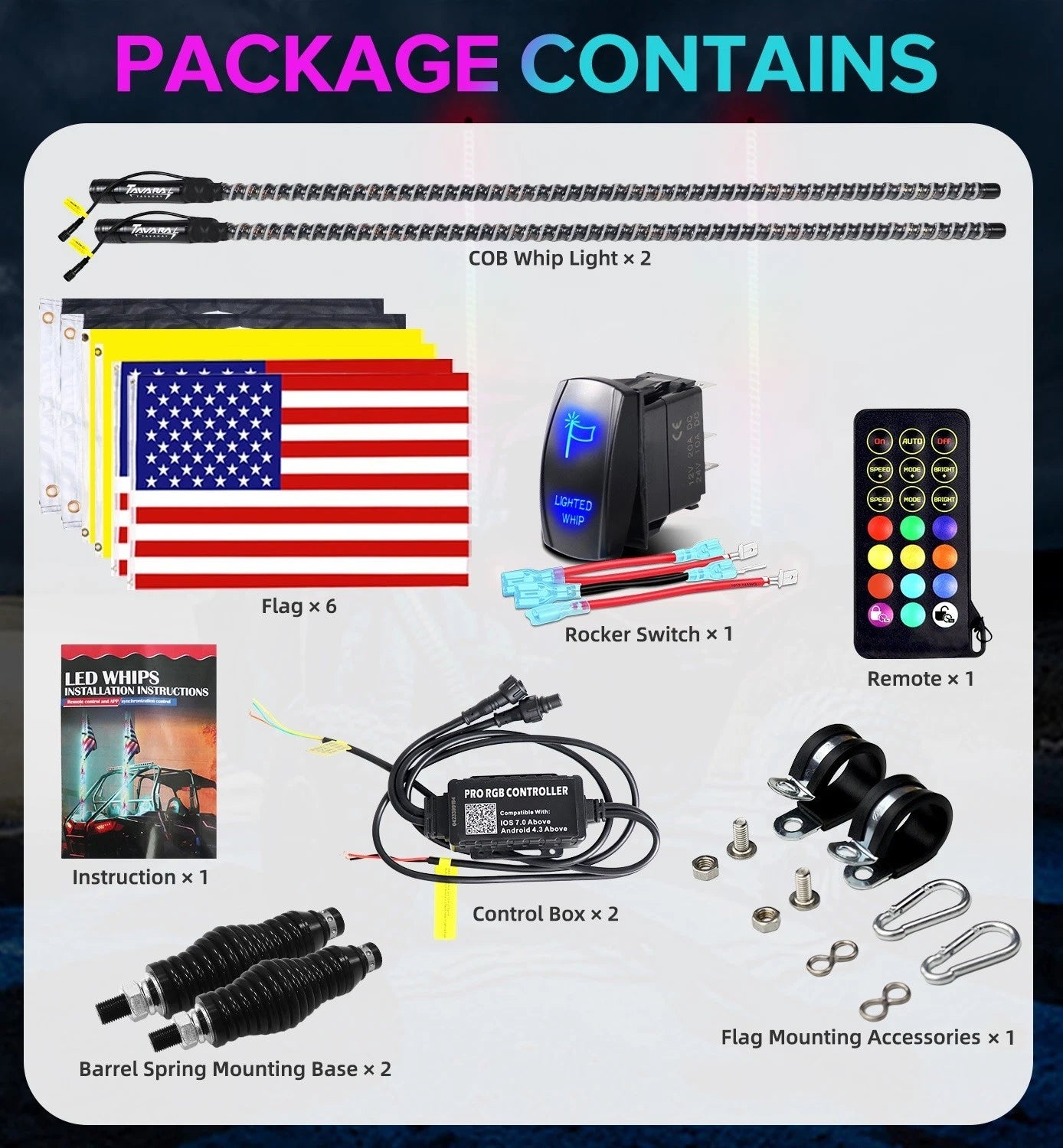 2FT-6FT RGB LED Whip Lights w/ App & Remote Control