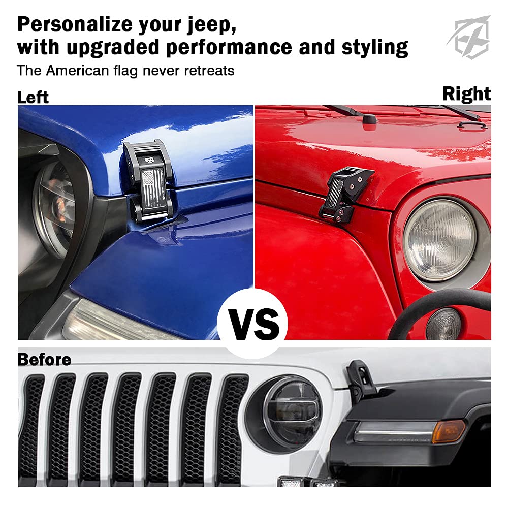 Comparison of a blue and red Jeep with an American flag emblem, featuring text about personalizing a Jeep.