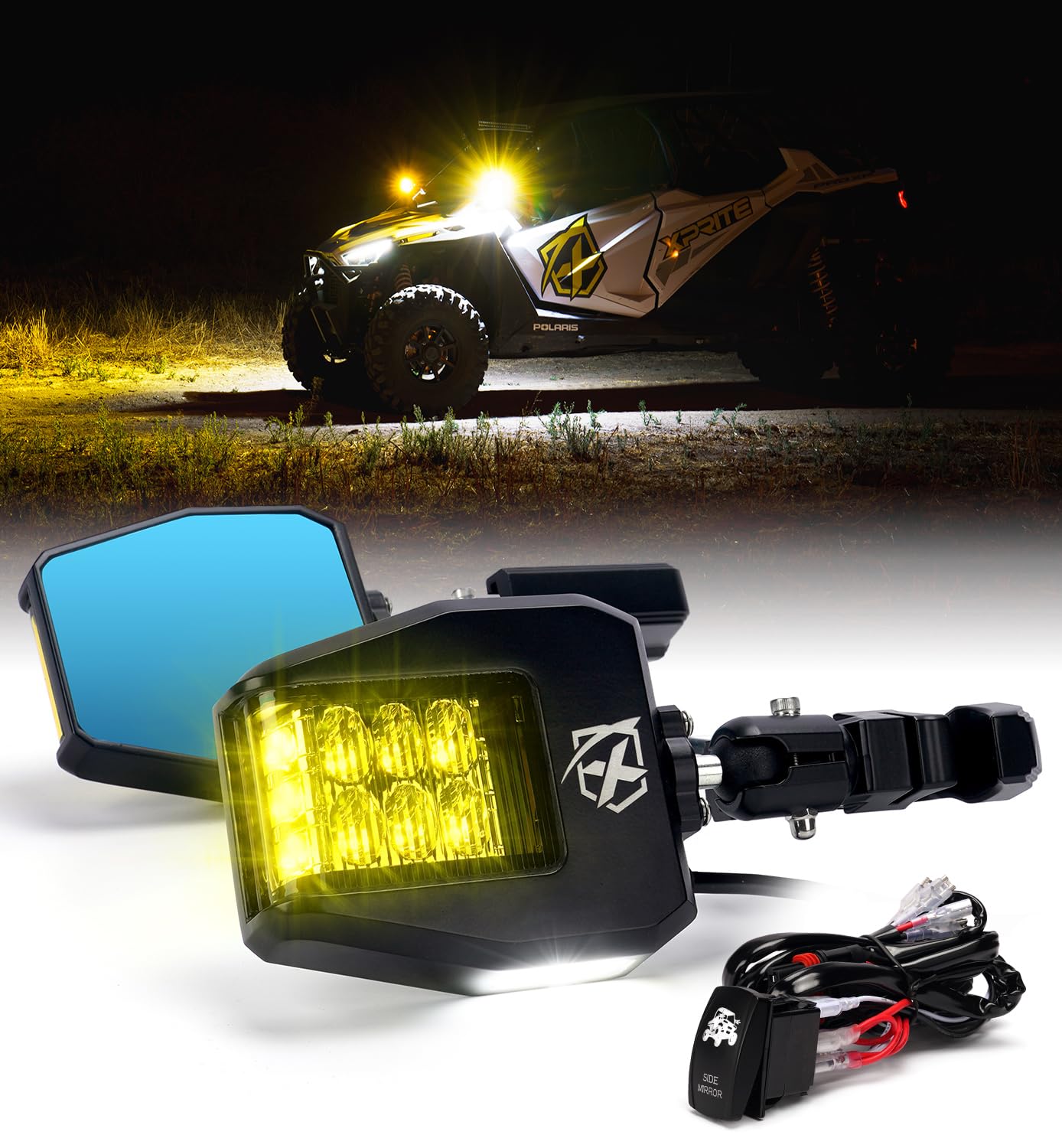 UTV Side View Mirrors with LED Spotlights & C-Clamp Brackets