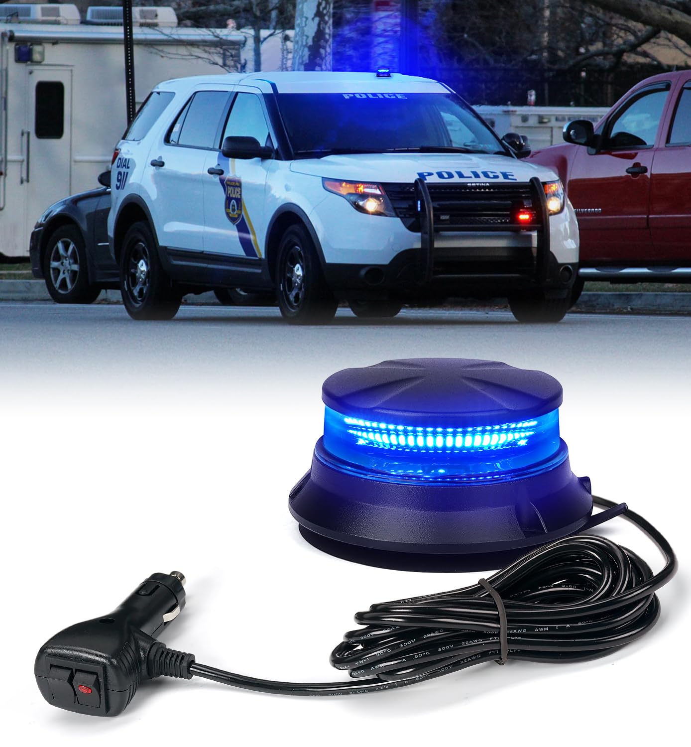 Blue police car with a blue rotating light on a white background