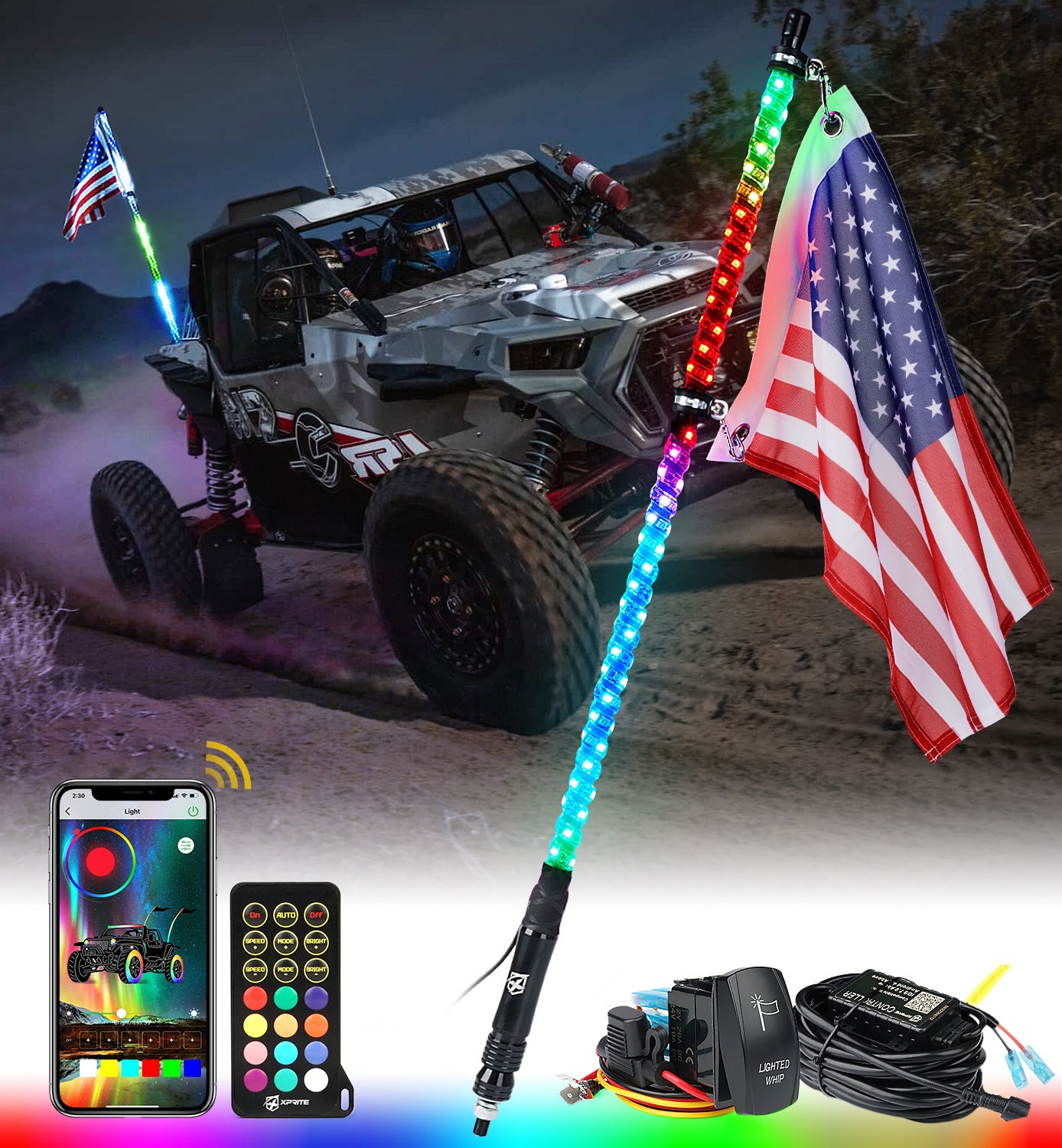 Spiral RGB LED Flag Pole Whip Light with Remote Control Bluetooth