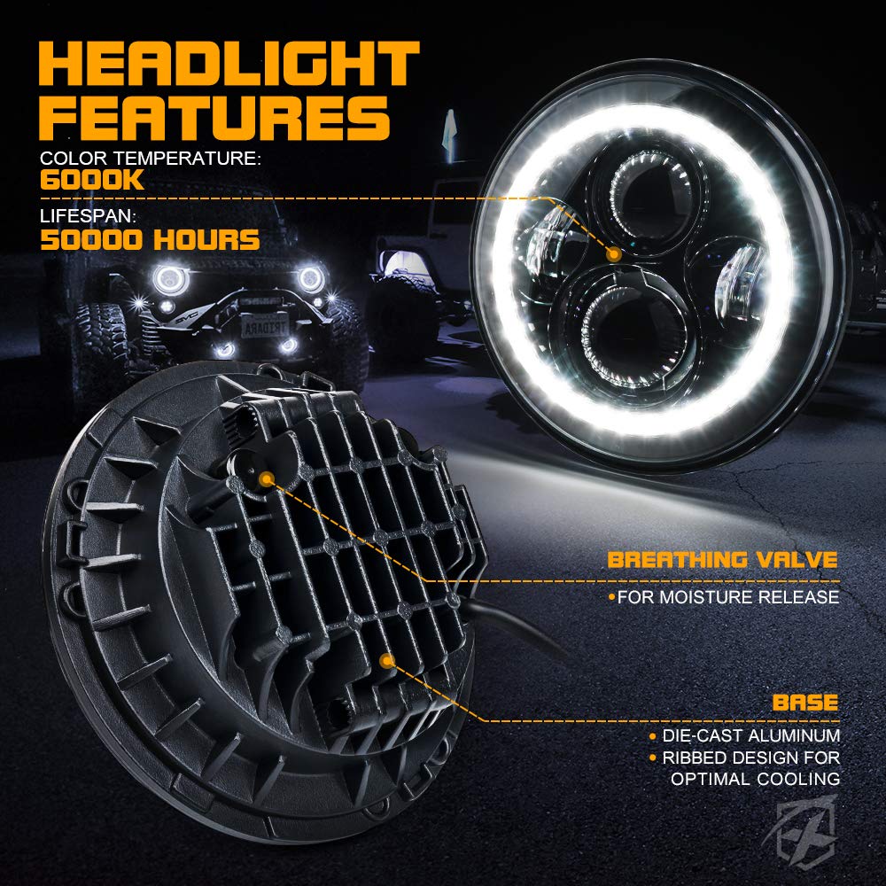 Xprite 7 inch 90W LED Headlights & 4 inch 60W Fog Lights Combo w/White Halo Lights Compatible with 2007-2018 Jeep Wrangler JK