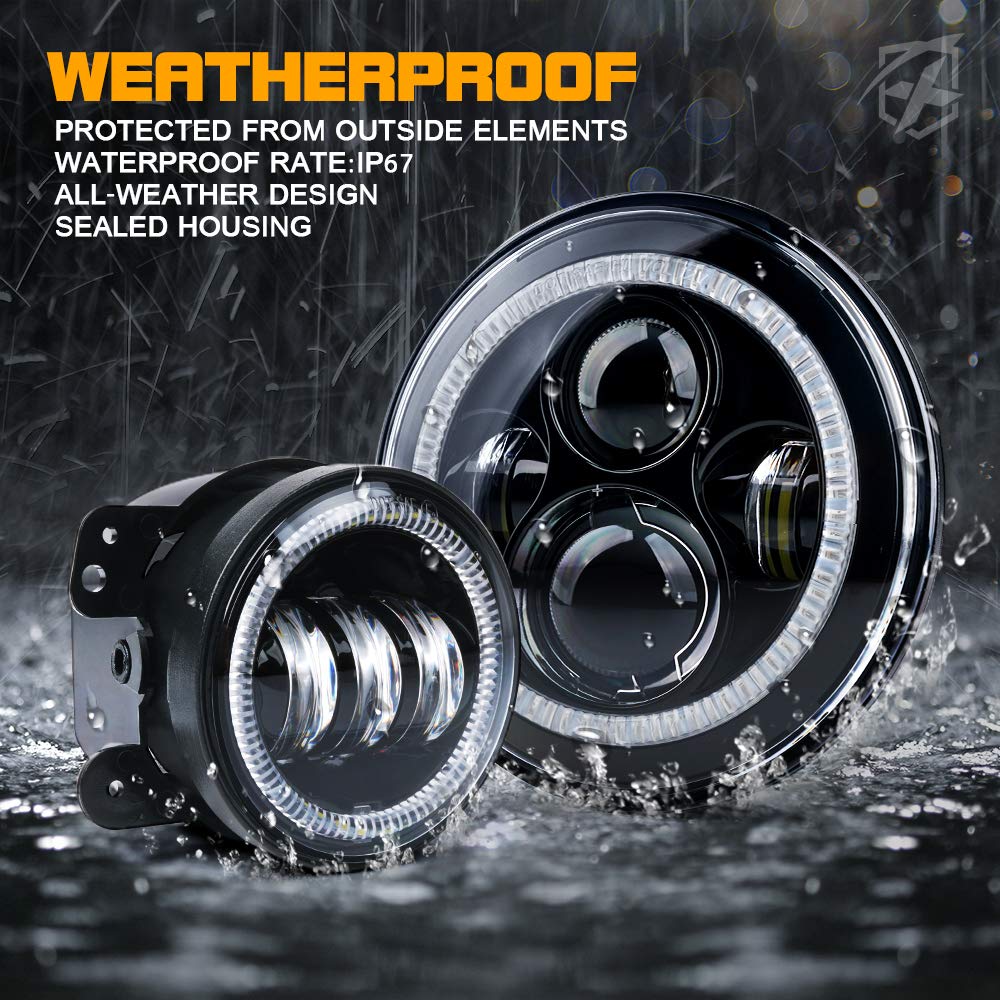 Xprite 7 inch 90W LED Headlights & 4 inch 60W Fog Lights Combo w/White Halo Lights Compatible with 2007-2018 Jeep Wrangler JK