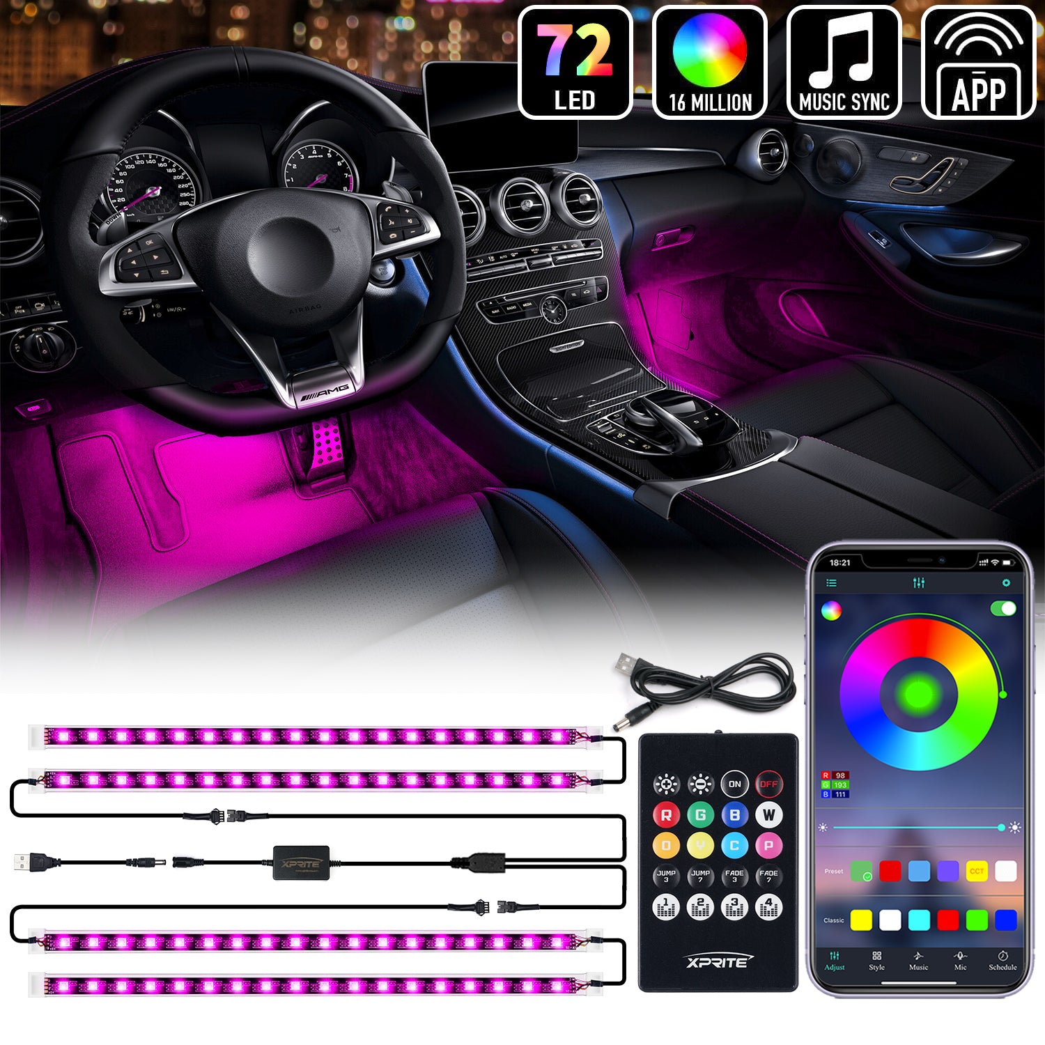 4PC Celestial Series Bluetooth and Remote Control RGB LED Interior Car Light Set - Powered by USB