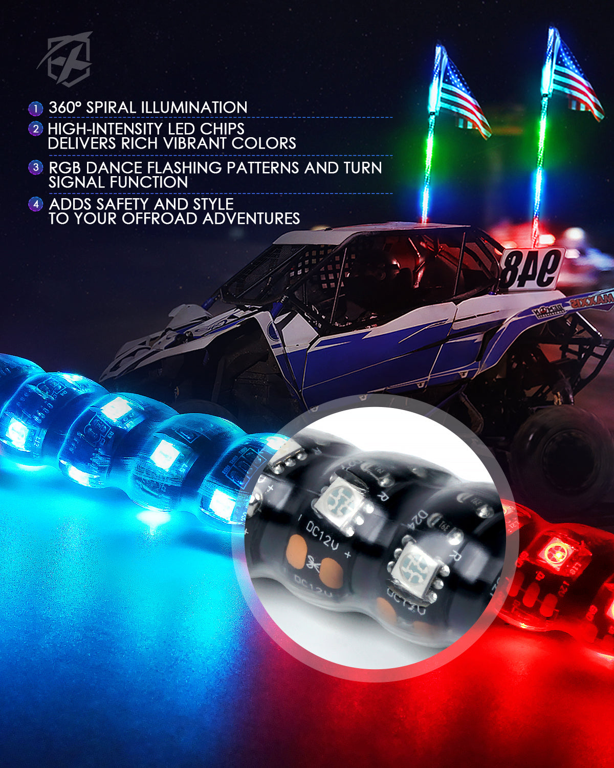 Spiral RGB LED Flag Pole Whip Light with Remote Control & Bluetooth | Vertigo Series