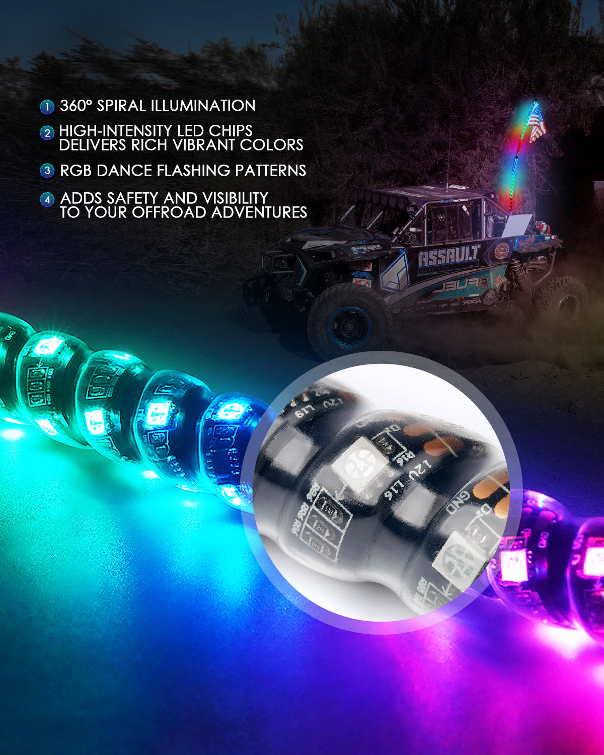 Spiral RGB LED Flag Pole Whip Light with Remote Control | Monsoon Series