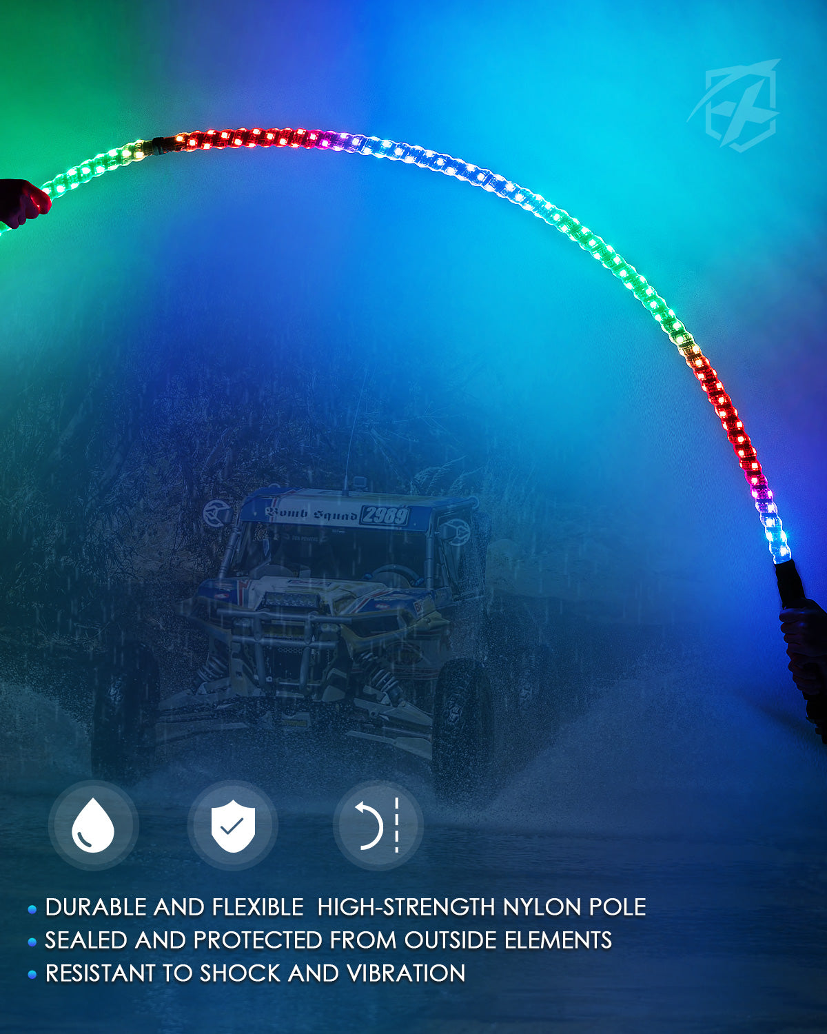 Spiral RGB LED Flag Pole Whip Light with Remote Control | Monsoon Series