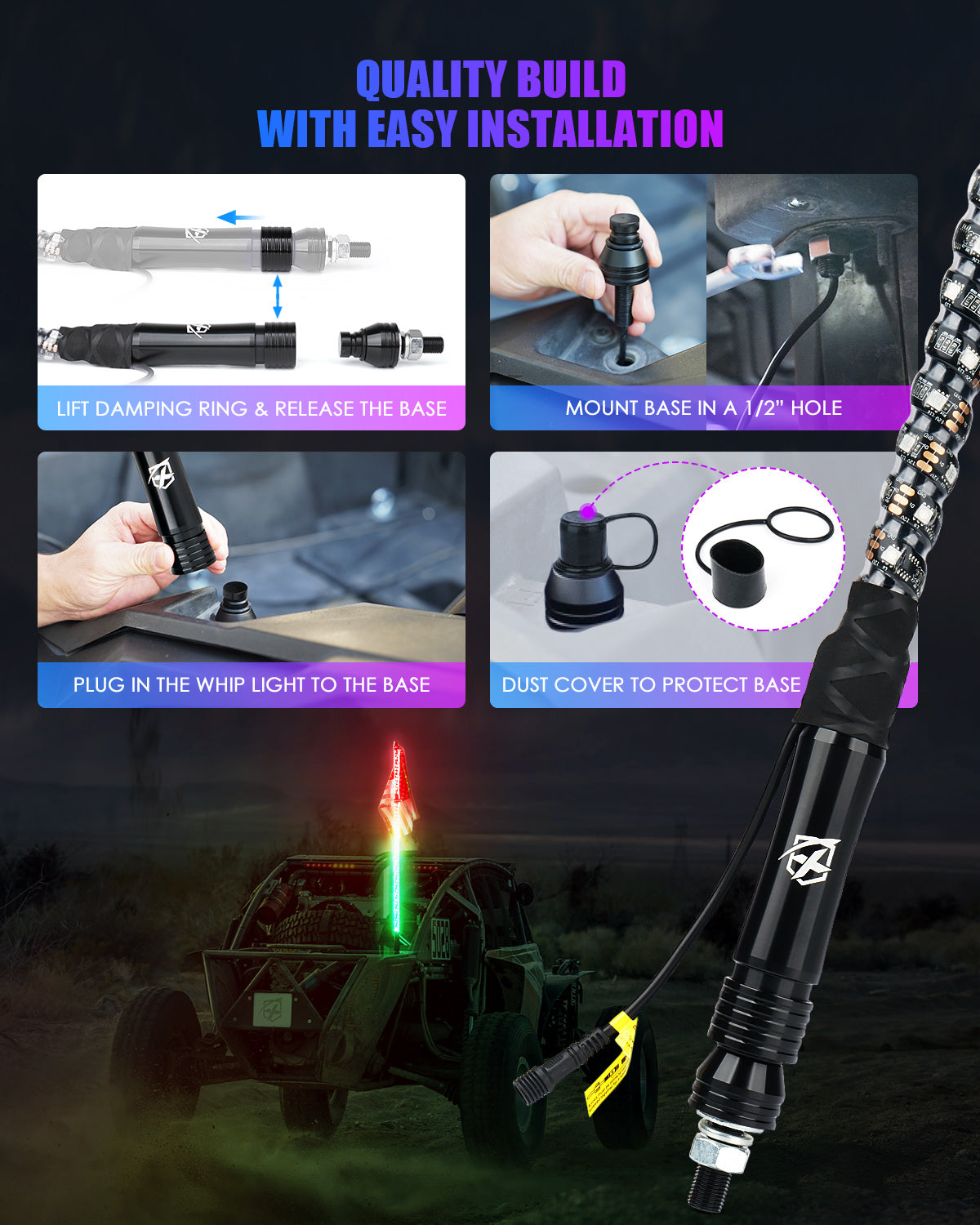 Spiral RGB LED Flag Pole Whip Light with Remote Control & Bluetooth | Vertigo Series