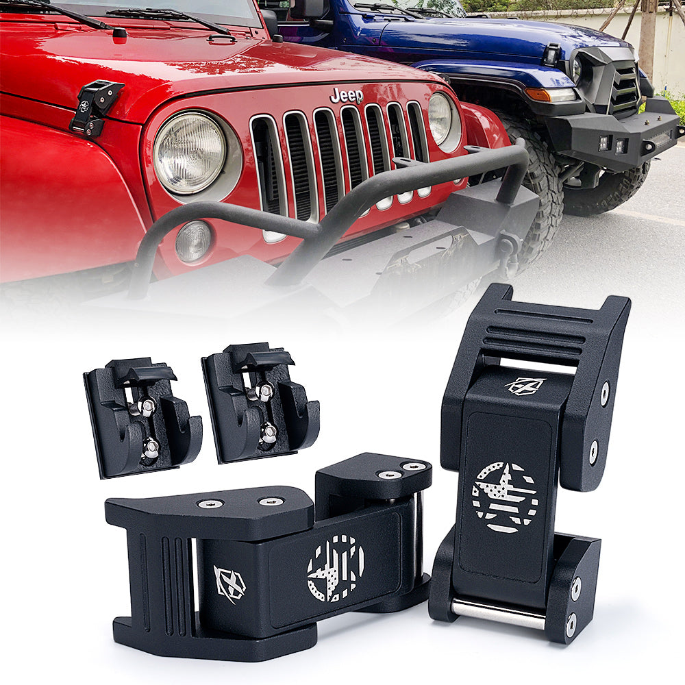 Black aluminum hood latches with a star design, displayed alongside a red Jeep Wrangler.