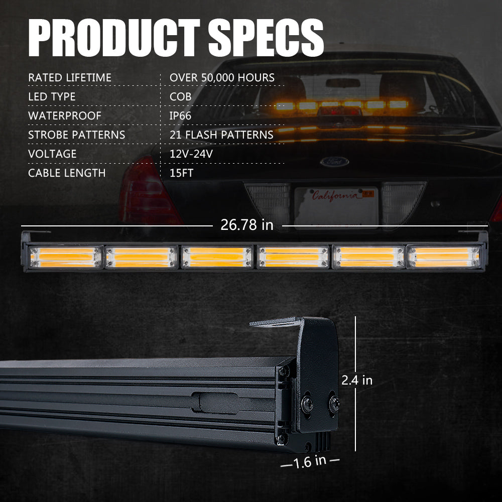 Xprite 27" G2 Vigilante Series 30W Traffic Advisor COB LED Strobe Light Bar with Suction Cup Brackets