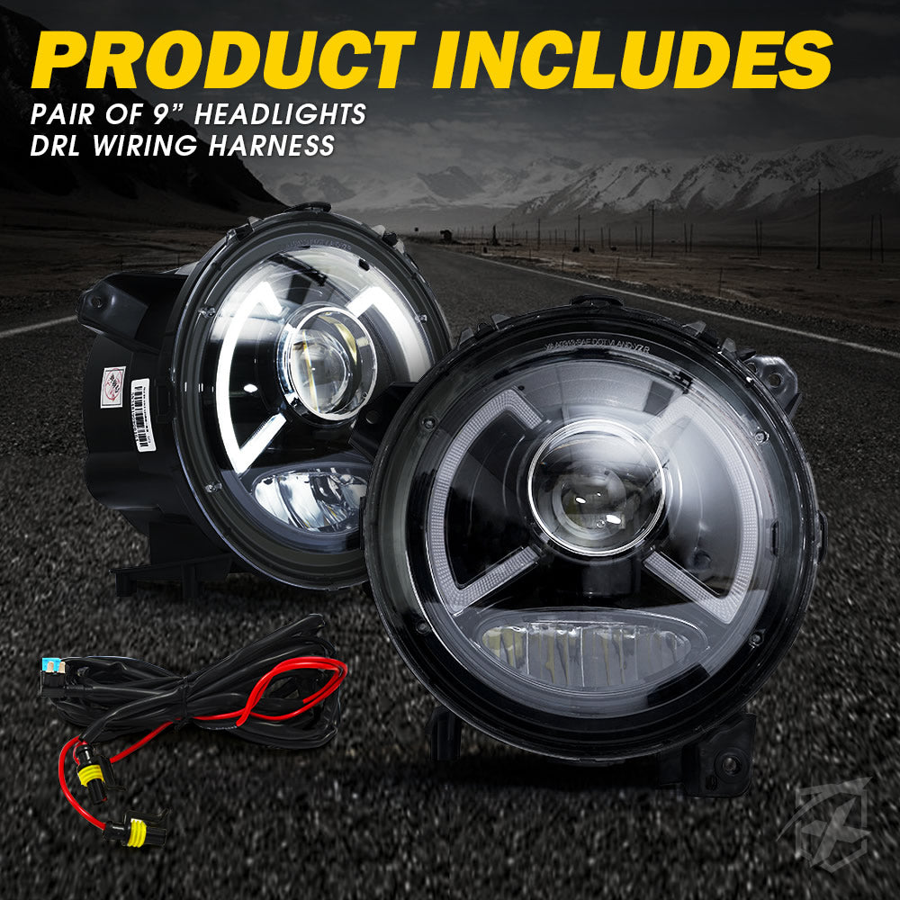 9" DRL LED Headlights for Jeep Wrangler JL, Gladiator JT | Dark Bat Series