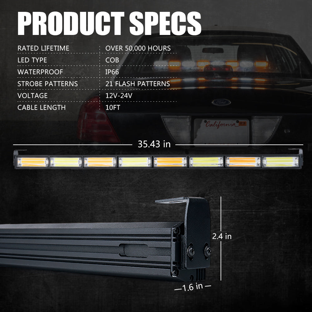 Xprite 35" White/Amber G2 Vigilante Series 40W Traffic Advisor COB LED Strobe Light Bar with Suction Cup Brackets