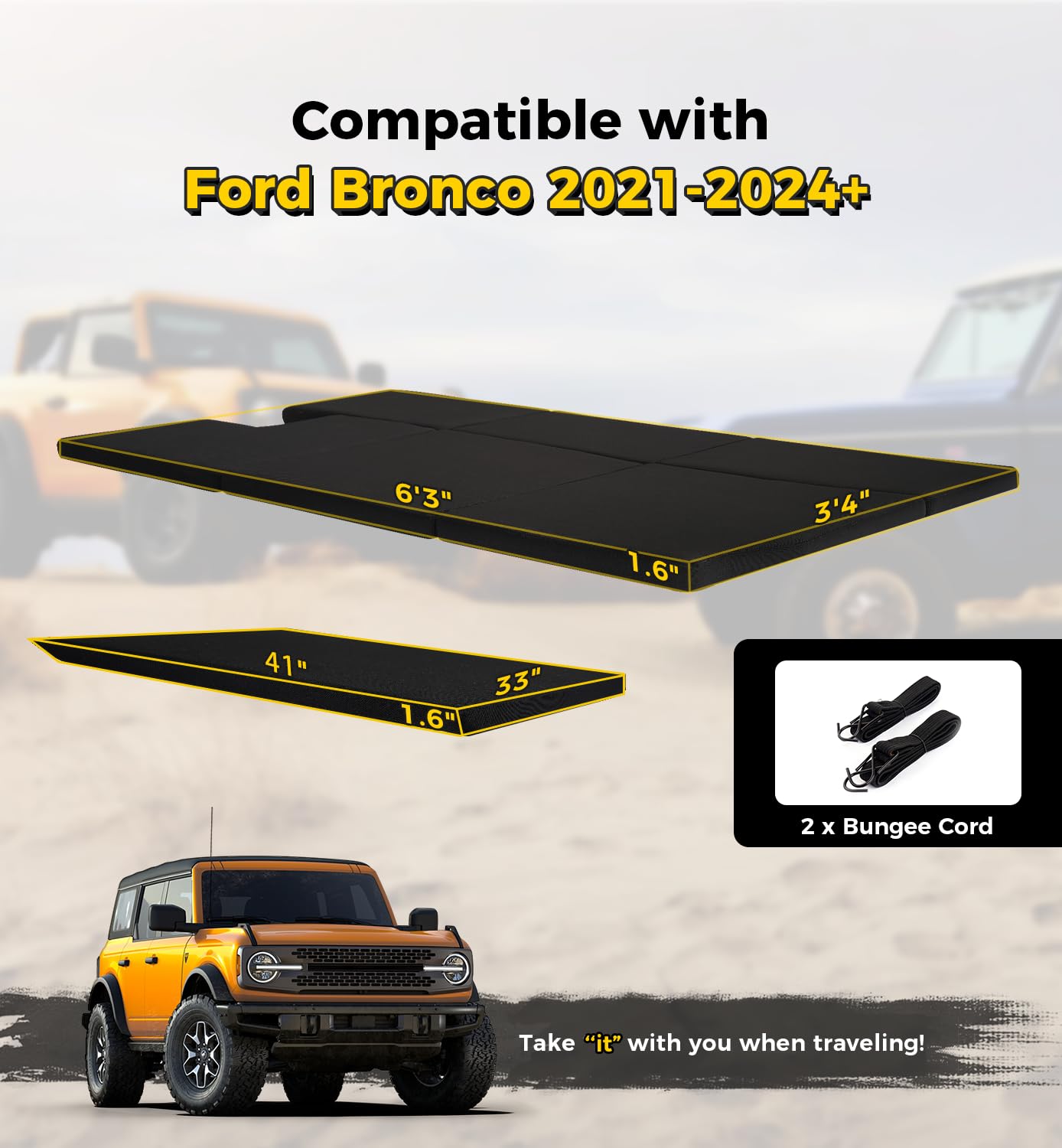 1.6-Inch Thick Premium Foam Bed Pad & Leveling Pad for 2021-2024+ Ford Bronco 4 Door