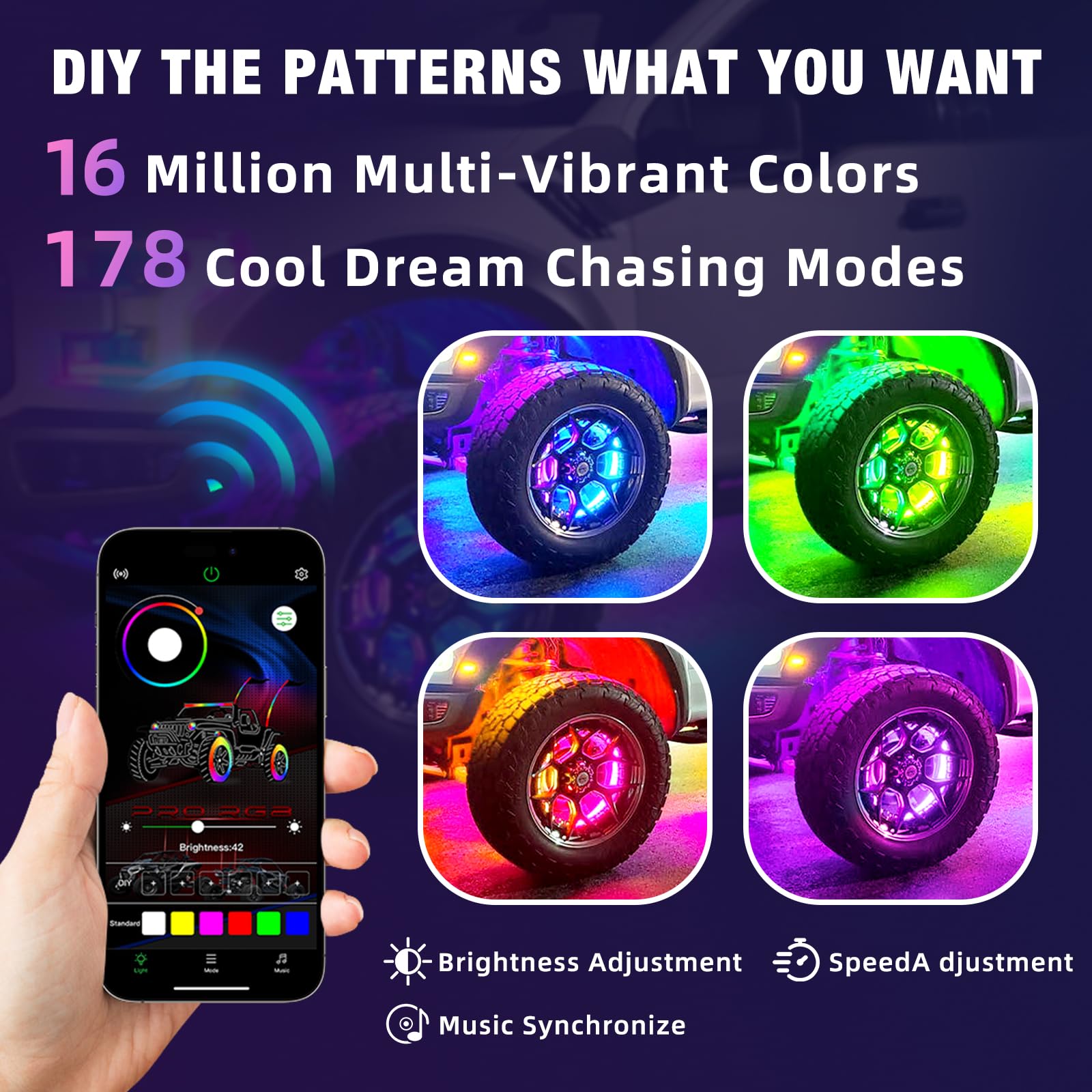 4PCS 17" Double Sided RGB LED Wheel Ring Lights with APP & Remote Control