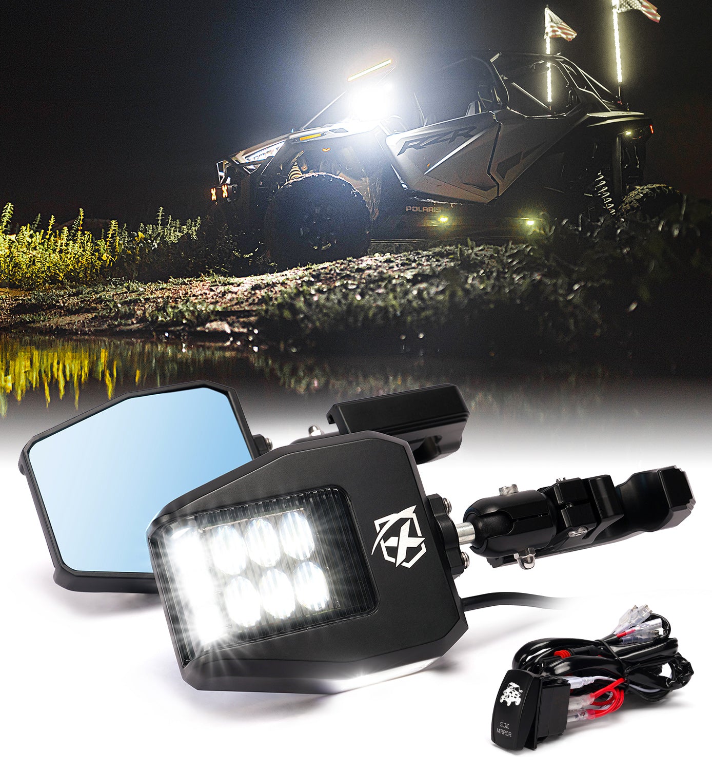 UTV Side Mirrors with Spotlights & Puddle Lights for 1.5 to 2 Roll Bar  Cages