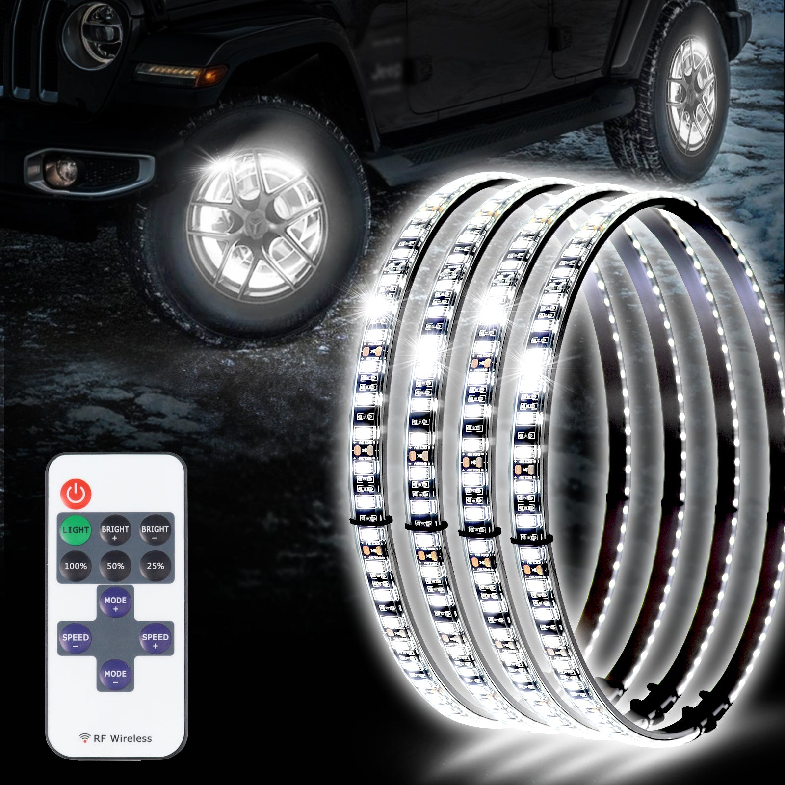 Adjustable 6500K Ultra-Bright Pure White LED Wheel Ring Lights for Trucks Cars SUVs Pickups Vehicle Offroad | Single-Sided Single Row