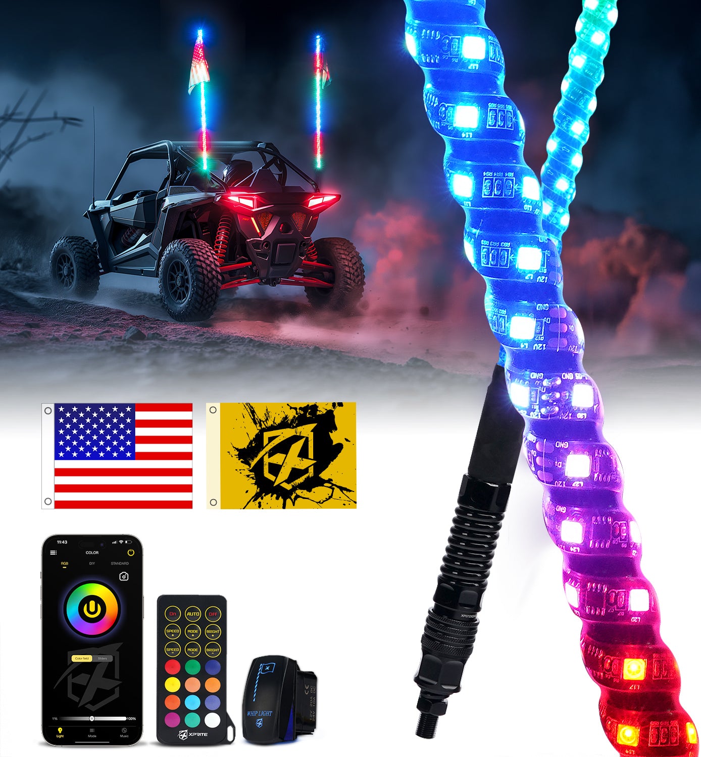 RGB LED Whip Lights with Spring Mount