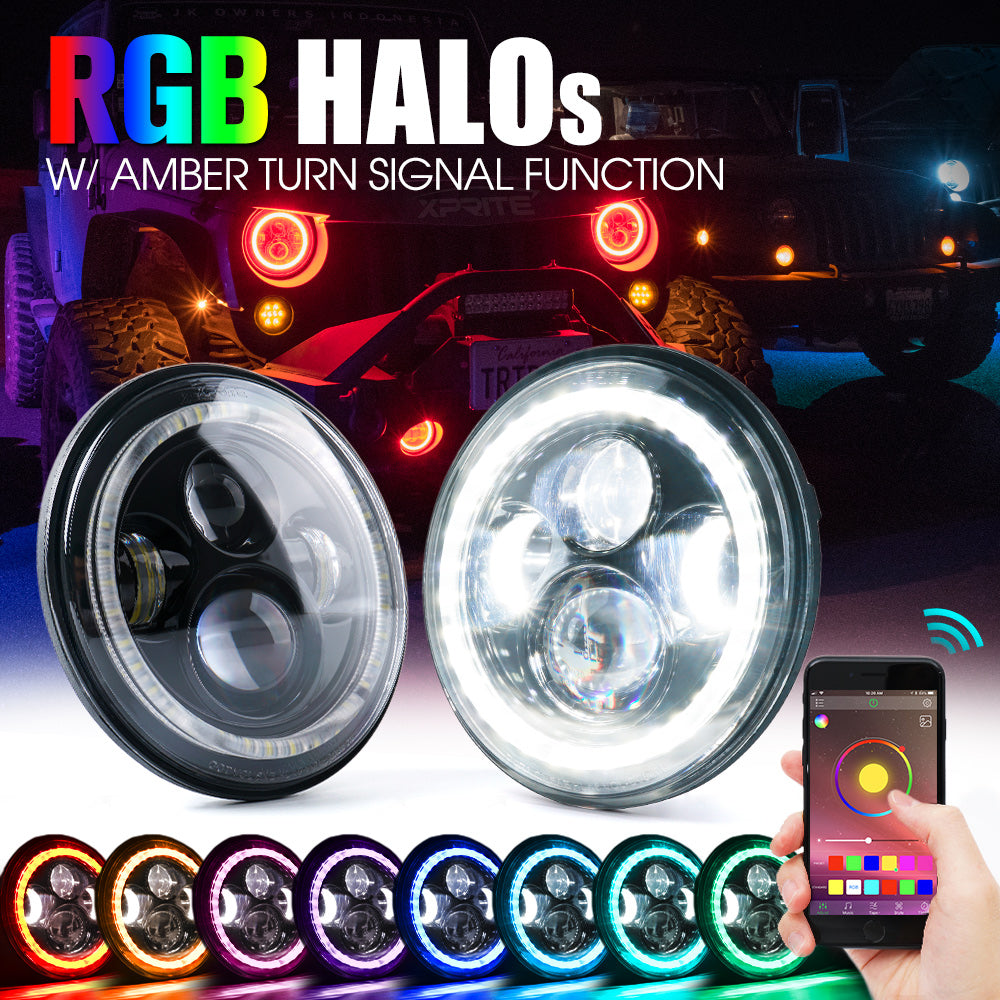 7" LED Headlights with Halo For 1997-2018 Jeep Wrangler