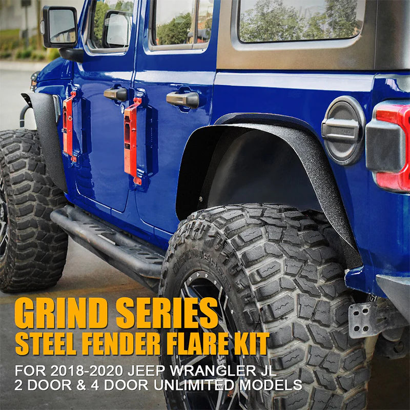 Blue Jeep Wrangler with Grind Series Steel Fender Flare Kit on a road