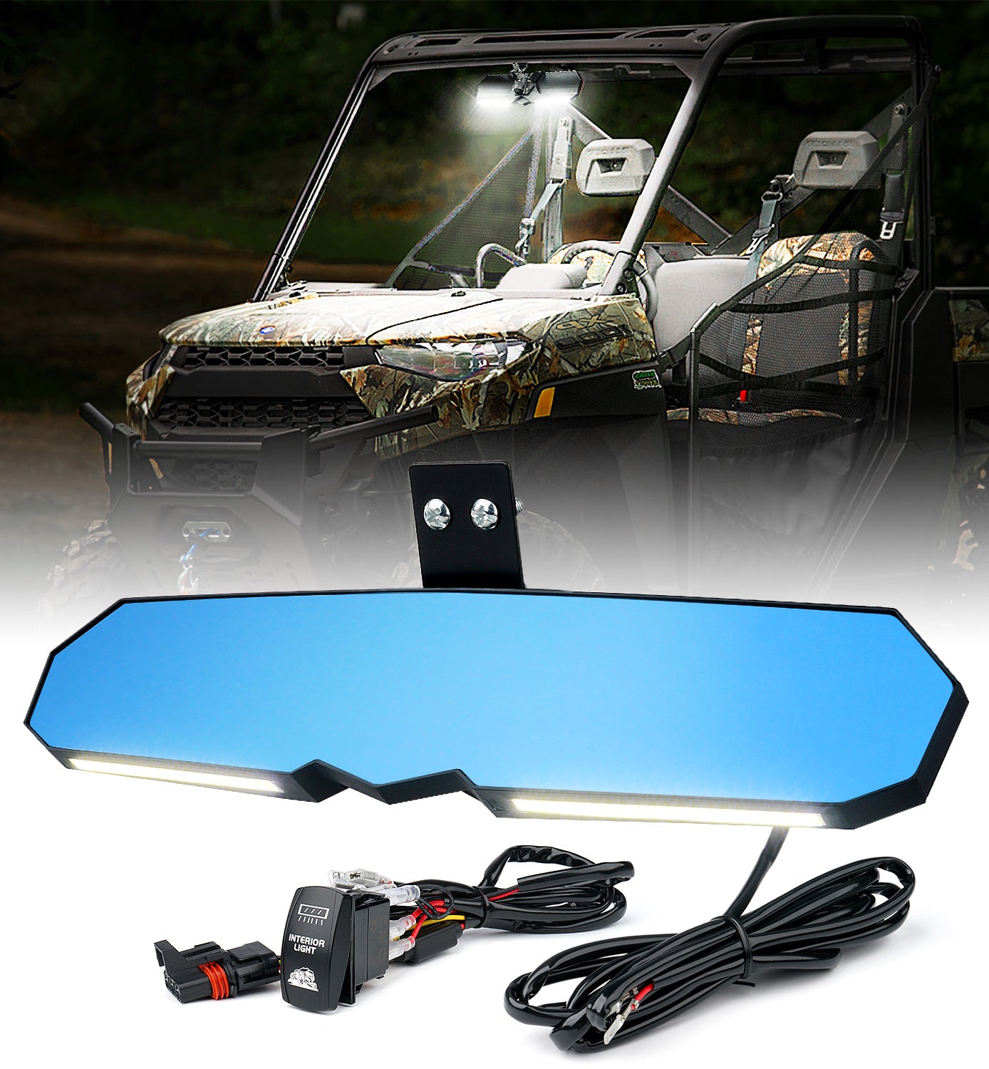 UTV Center View Mirror with LED Lights and Rocker Switch | Valiant Series