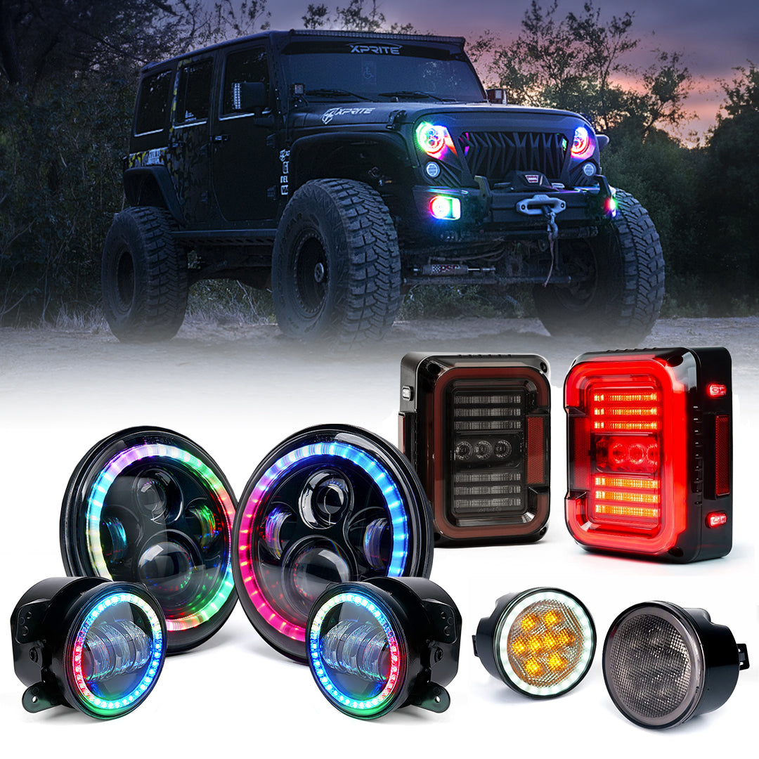 Xprite Jeep Wrangler JK LED Lighting Upgrade Kit | 7" RGB Halo Headlights, 4" Fog Lights, Turn Signals & Tail Lights