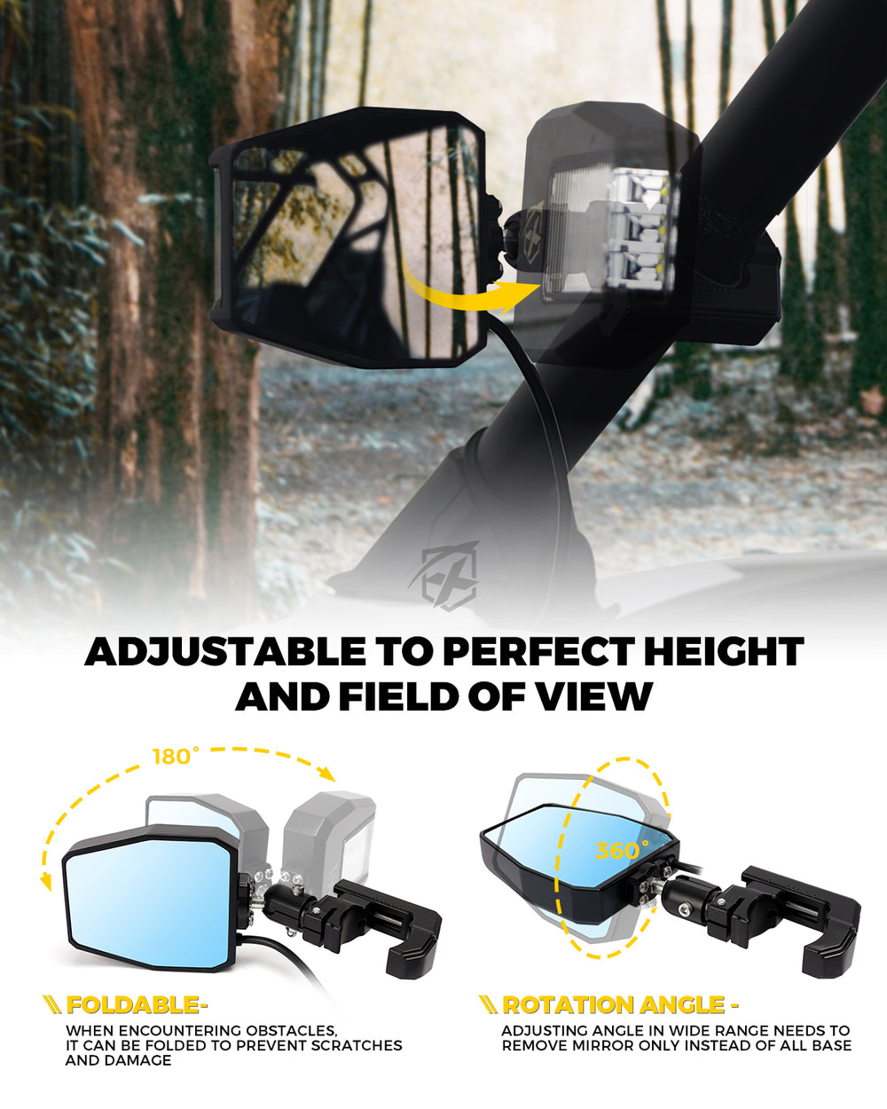 UTV Side Mirrors with Spotlights & Puddle Lights for 1.5" to 2" Roll