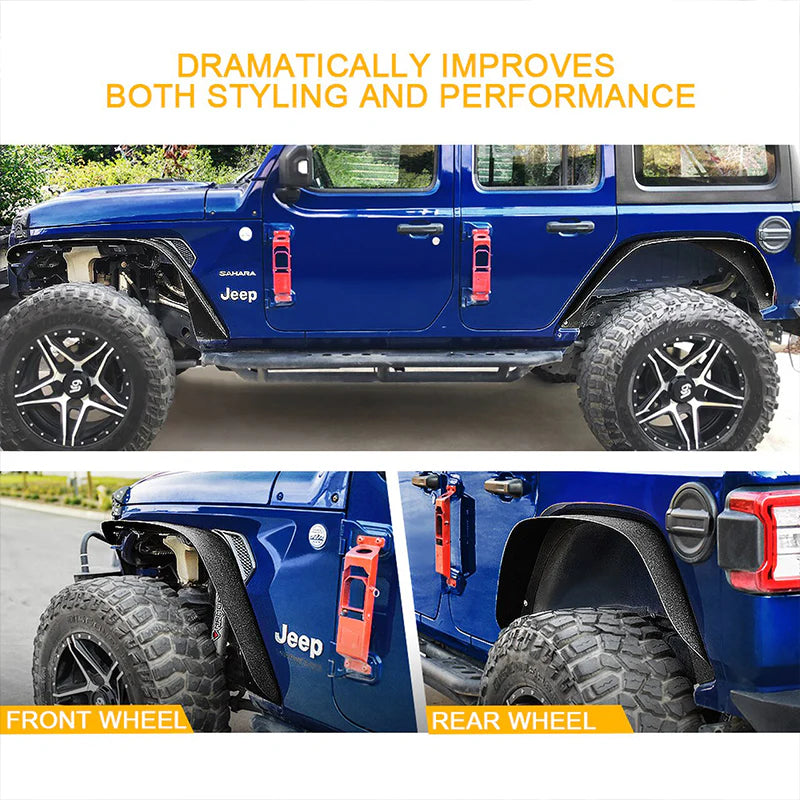 Blue Jeep with orange door handles and fender flares, highlighting styling and performance improvements.
