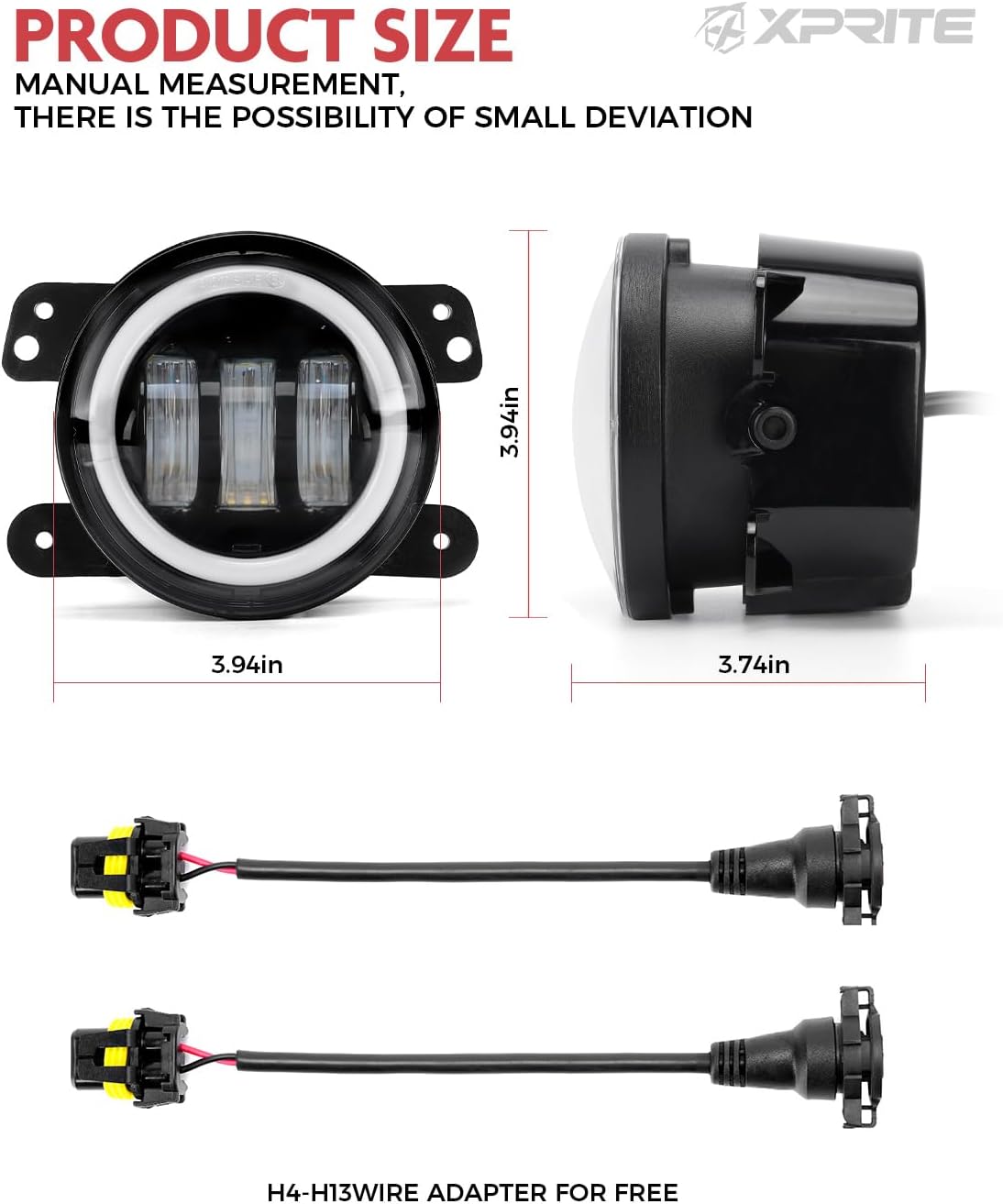 Xprite 4-Inch Round LED Fog Lights with White Halo Ring Angel Eye DRL for 2007-2018 Jeep Wrangler JK