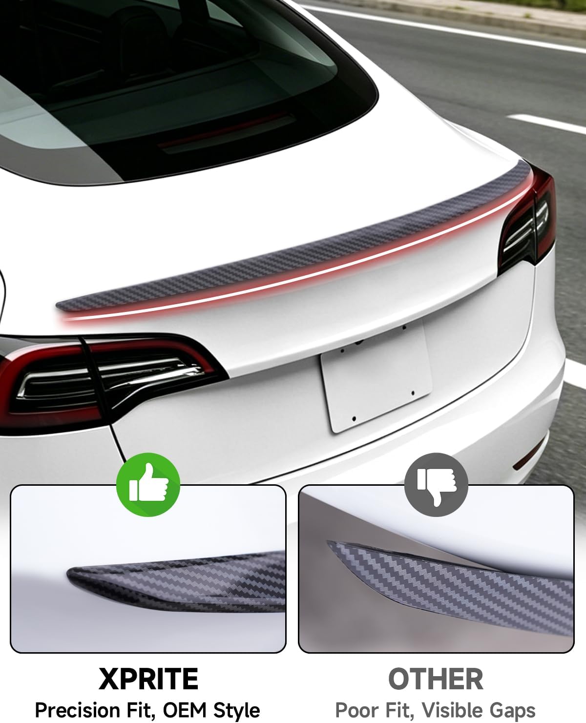 Xprite Rear Spoiler for Tesla Model 3 Glossy Carbon Fiber Trunk Lip Wing
