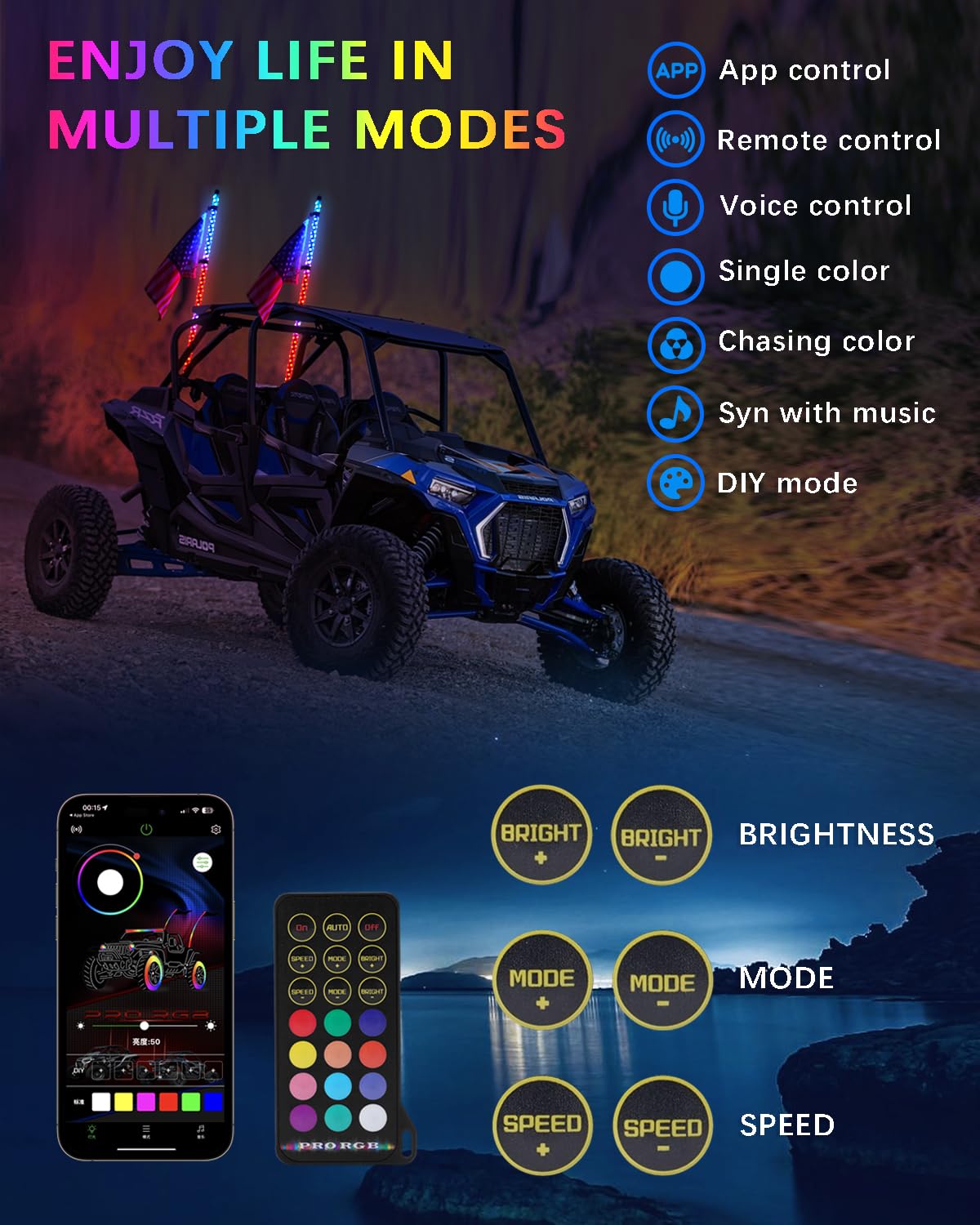 Whip Lights with App & Remote Control for UTV, ATV, SXS, Polaris RZR
