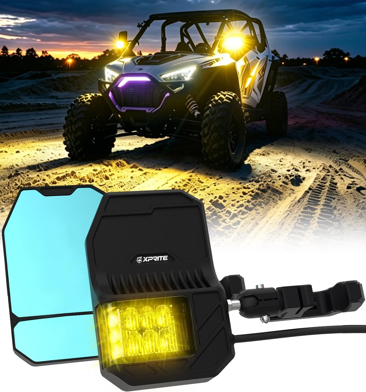 Xprite UTV Side Mirrors with Amber LED Spot Lights & Turn Signal For Round Tube Roll Cage, 2026 New