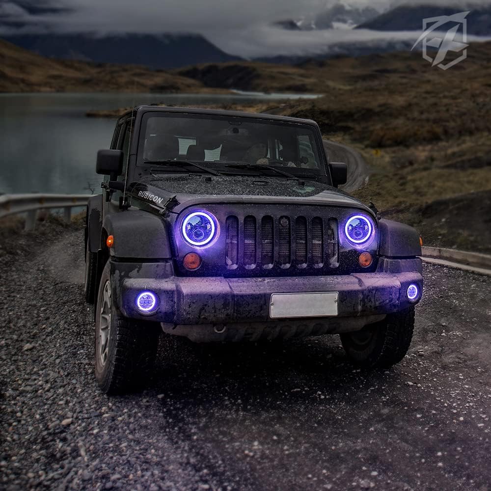 Xprite 7" Inch RGB Halo LED Headlights & 4" Fog Lights Led Combo for 2007-2018 Jeep Wrangler JK JKU