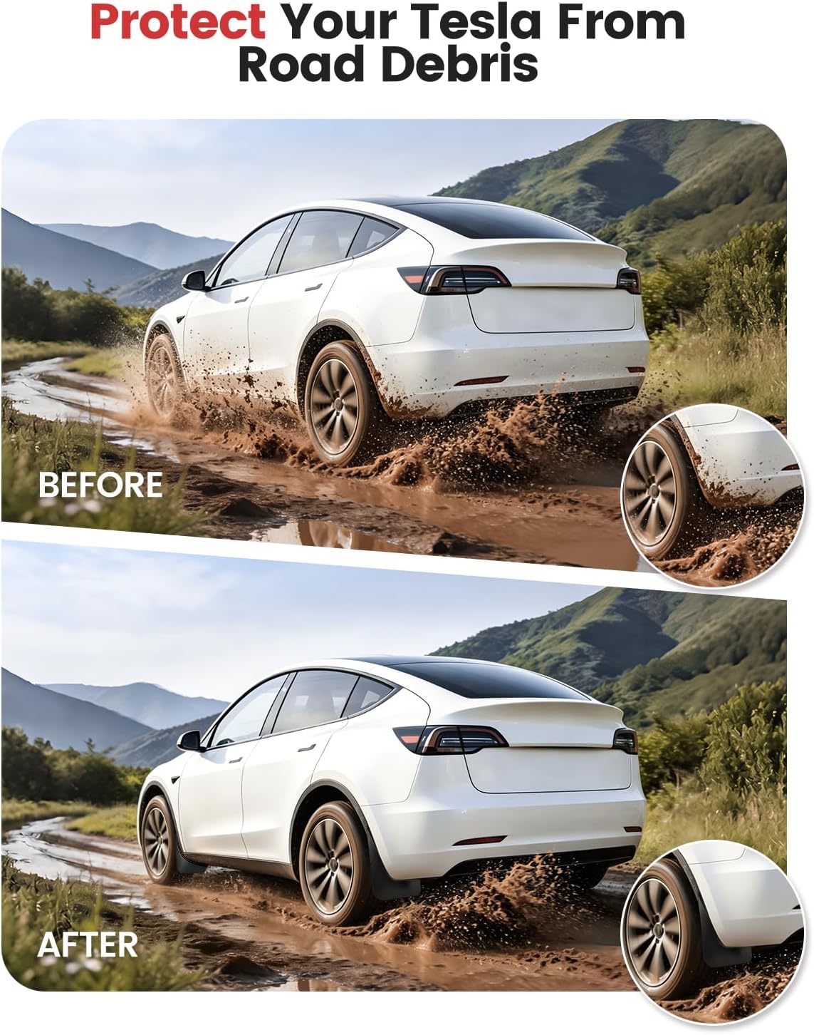 Xprite Mud Flaps for Tesla Model 3 2017-2023 ，Precision Fit No Drilling Splash Guards